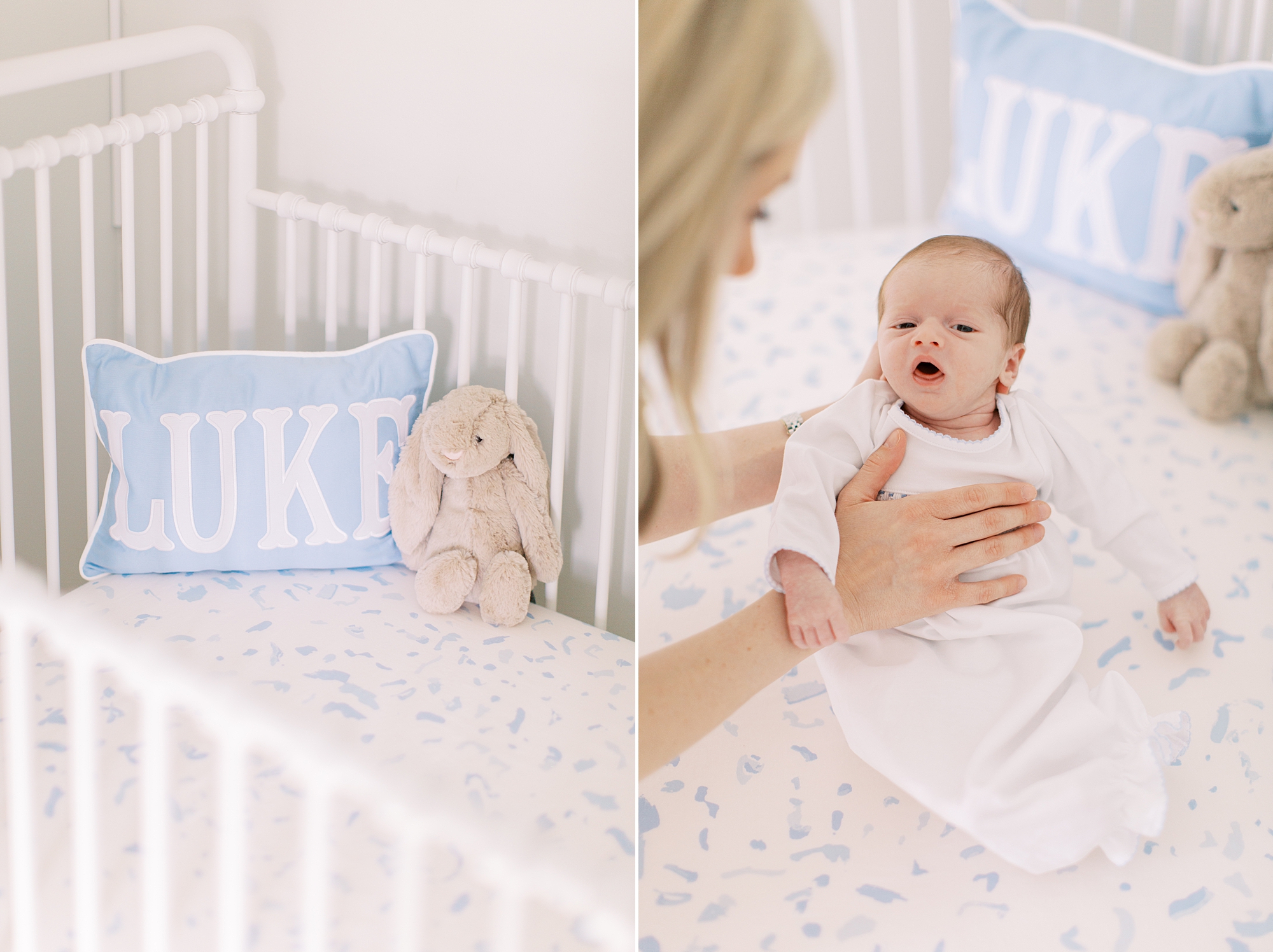 mom puts baby boy in crib during lifestyle newborn session at home