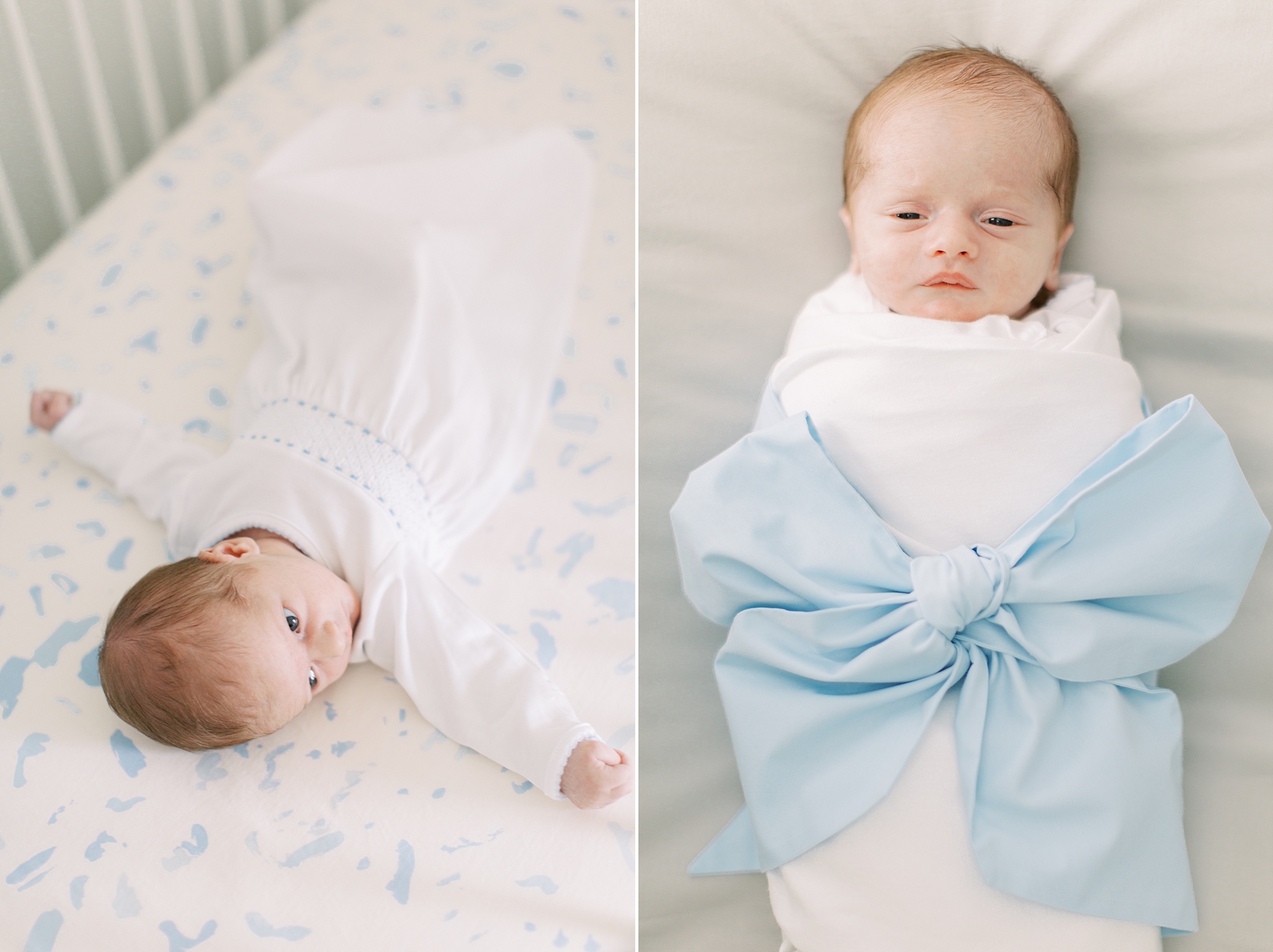 baby boy lays in crib with blue bow