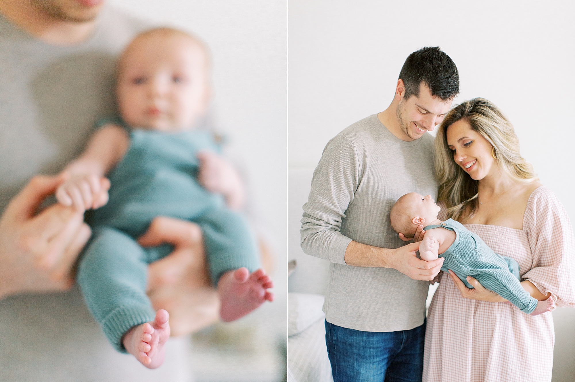new parents look at baby boy during newborn photos
