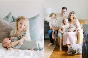 parents hold three kids together during SC family photos at home