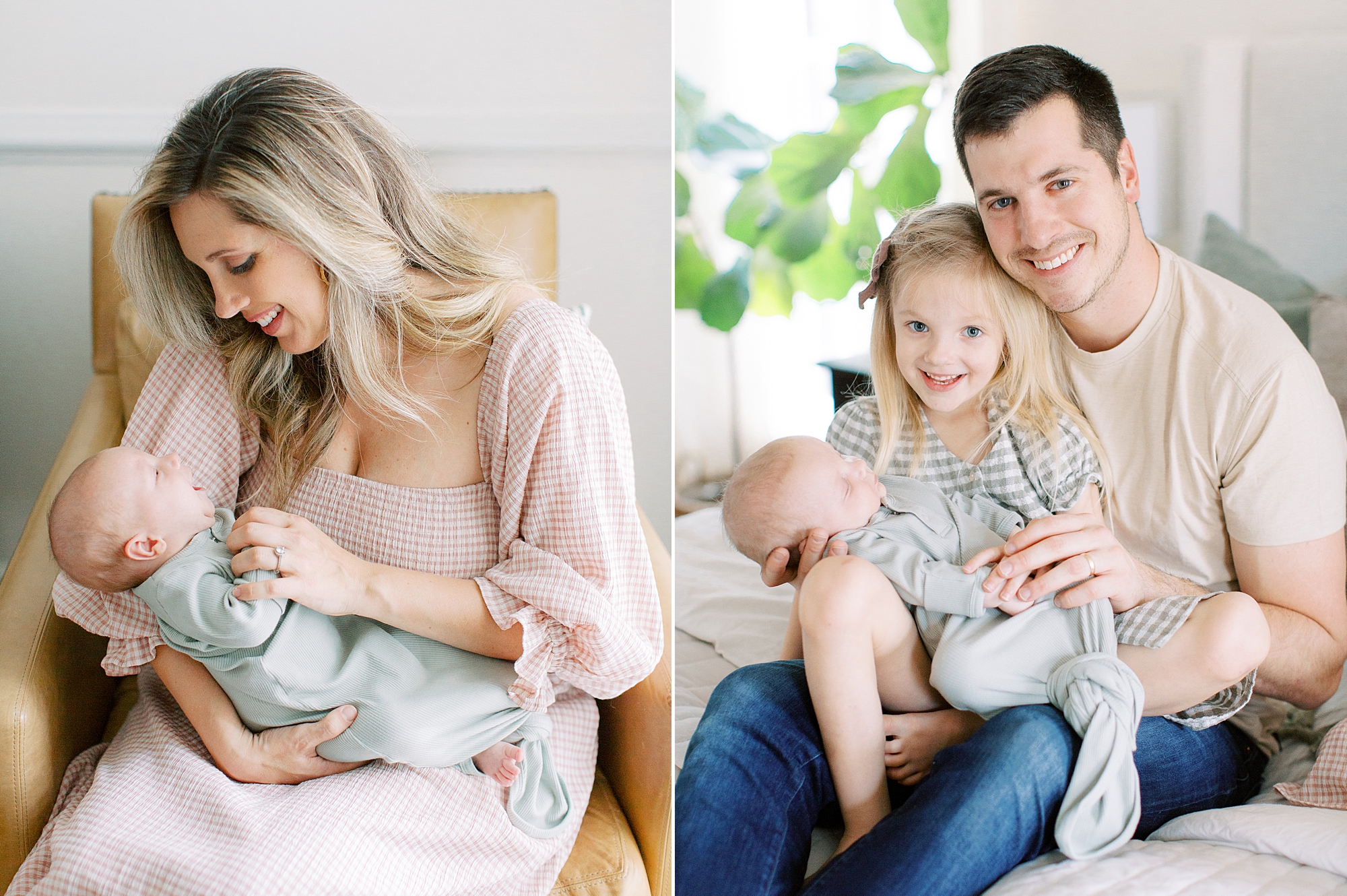 parents sit with kids in master bedroom during Charleston SC newborn session