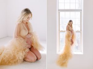 woman sits in studio during maternity gown in fashion dress