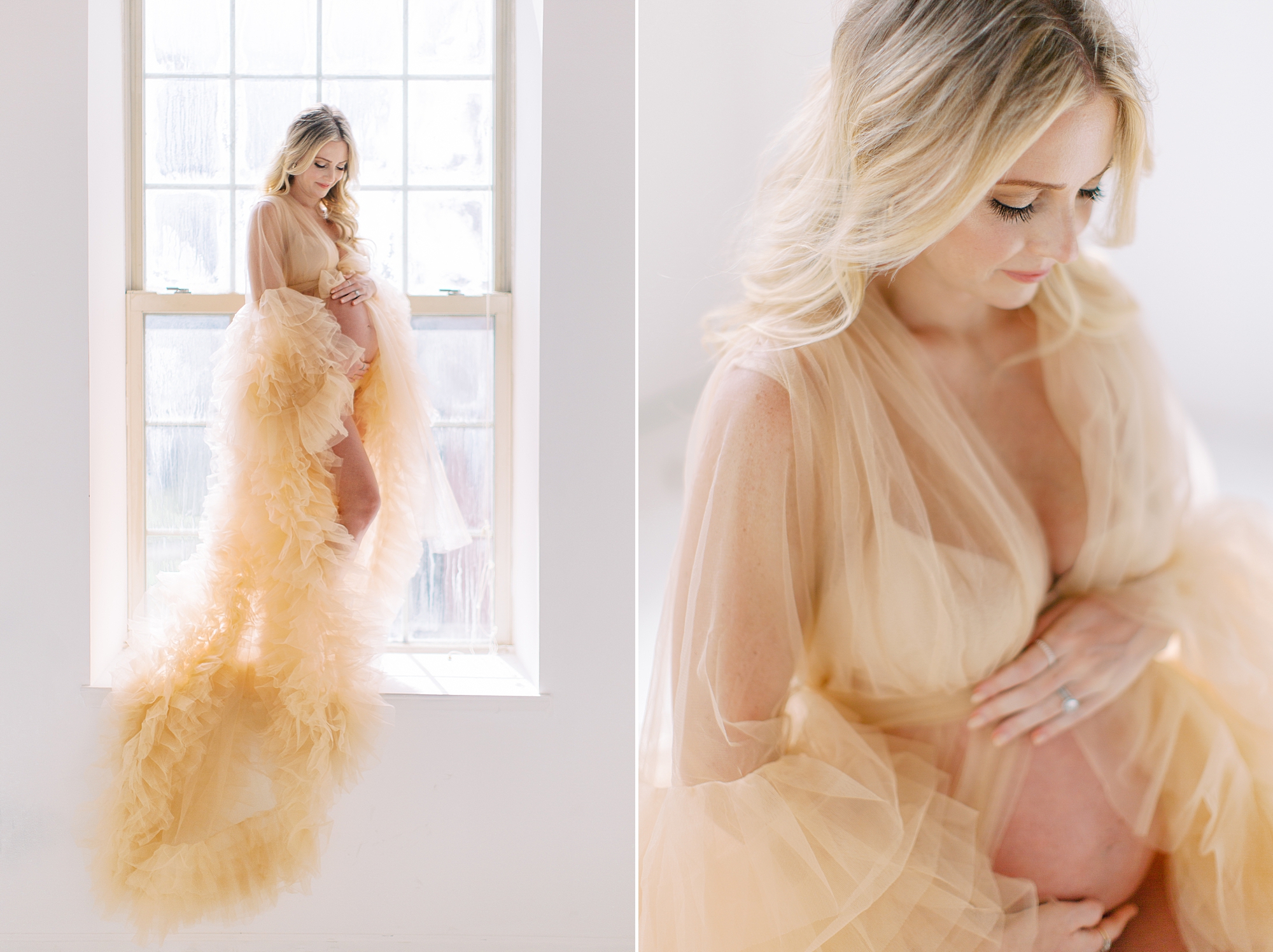 woman in peach gown poses in window during studio maternity session
