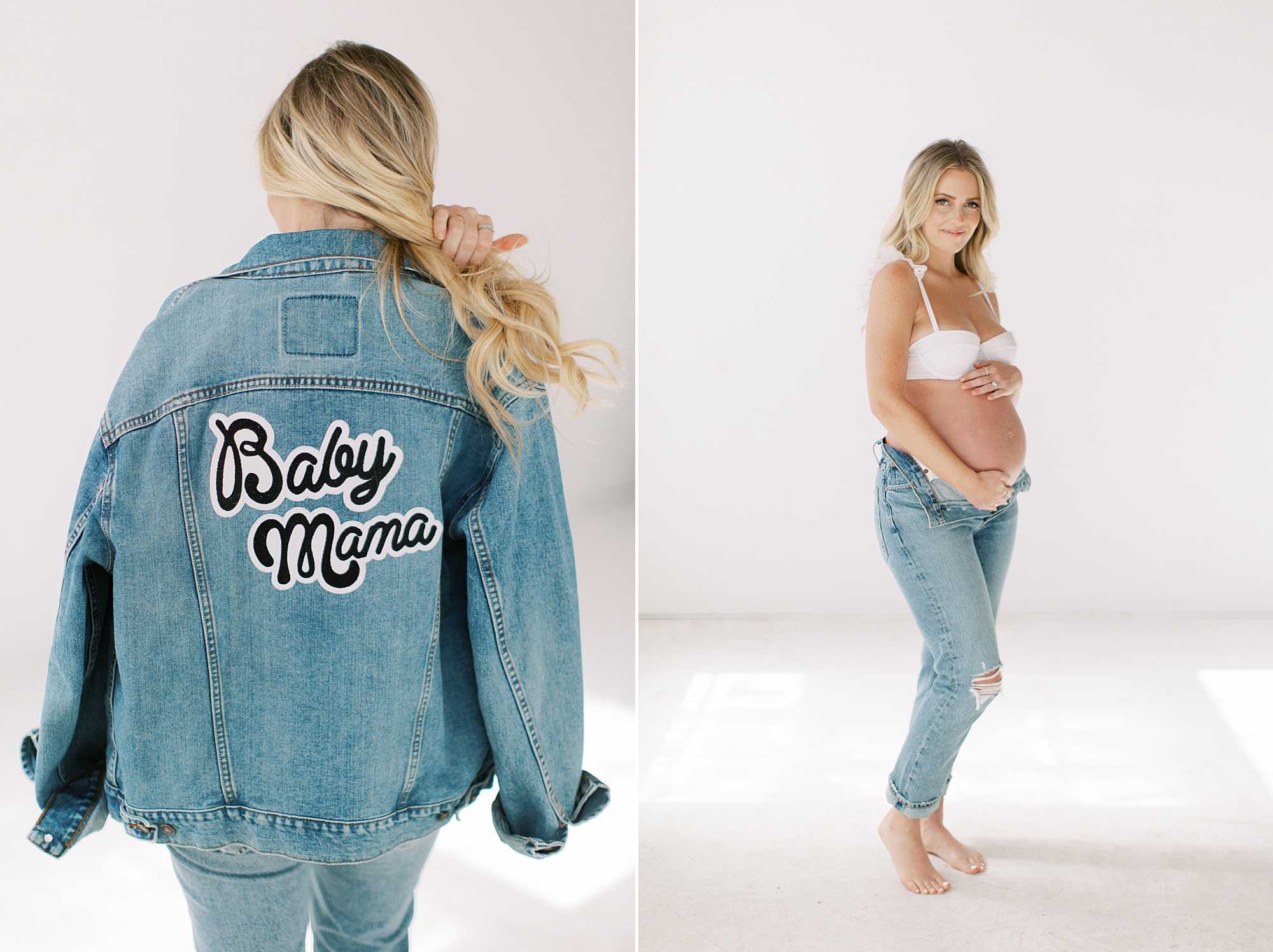 woman wears custom jean jacket during studio maternity session in Charlotte NC