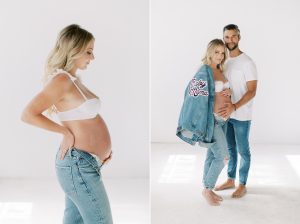 couple stands in denim outfits during studio maternity session