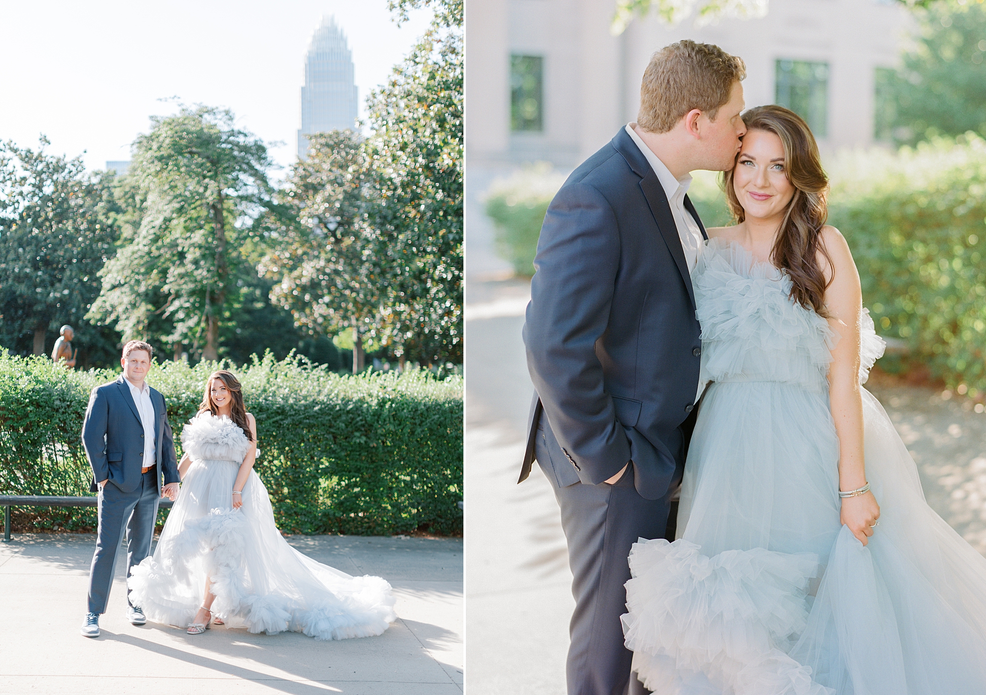groom kisses bride's forehead during glamorous Charlotte engagement photos