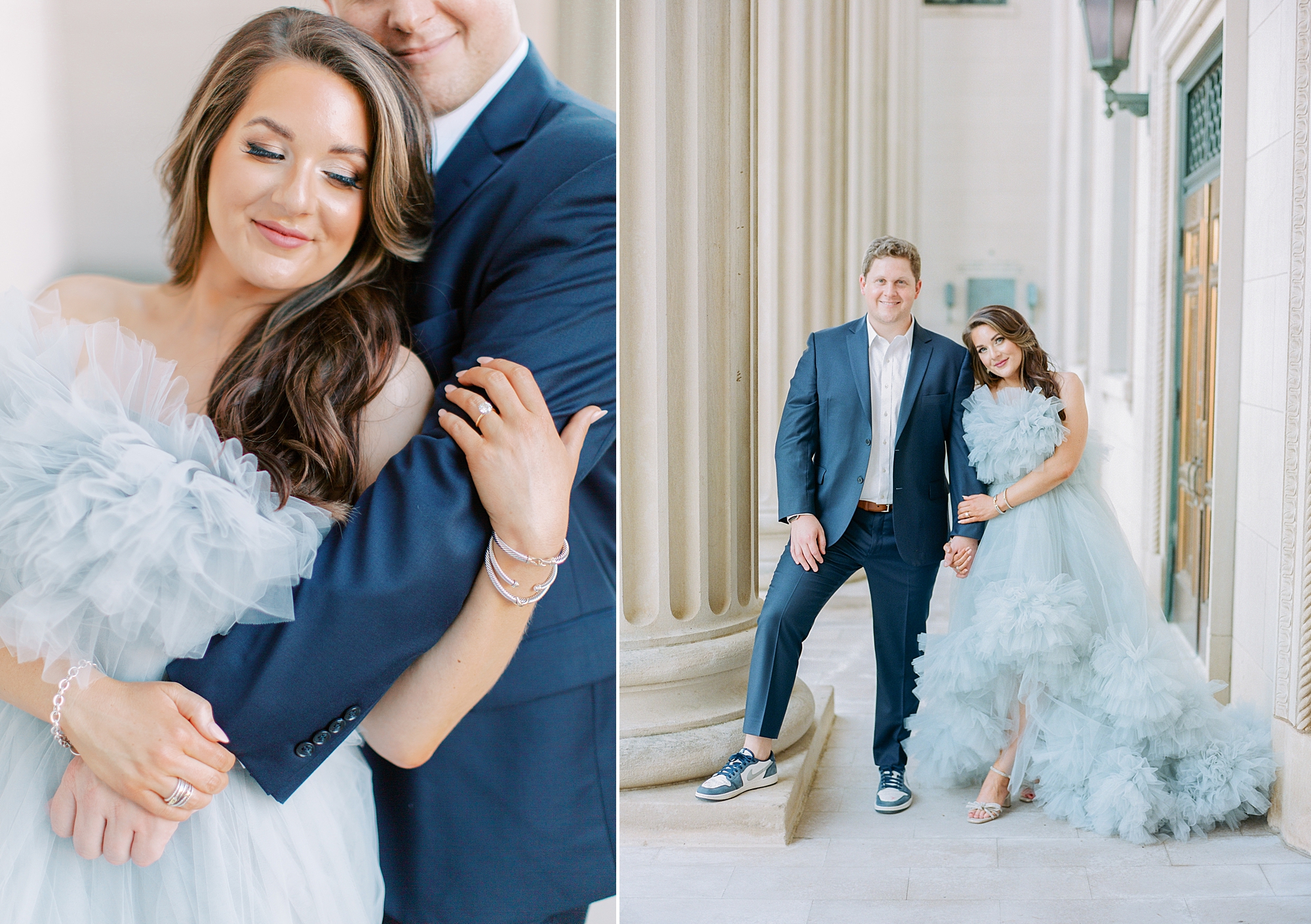 woman leans back in man's arms during glam Charlotte engagement session