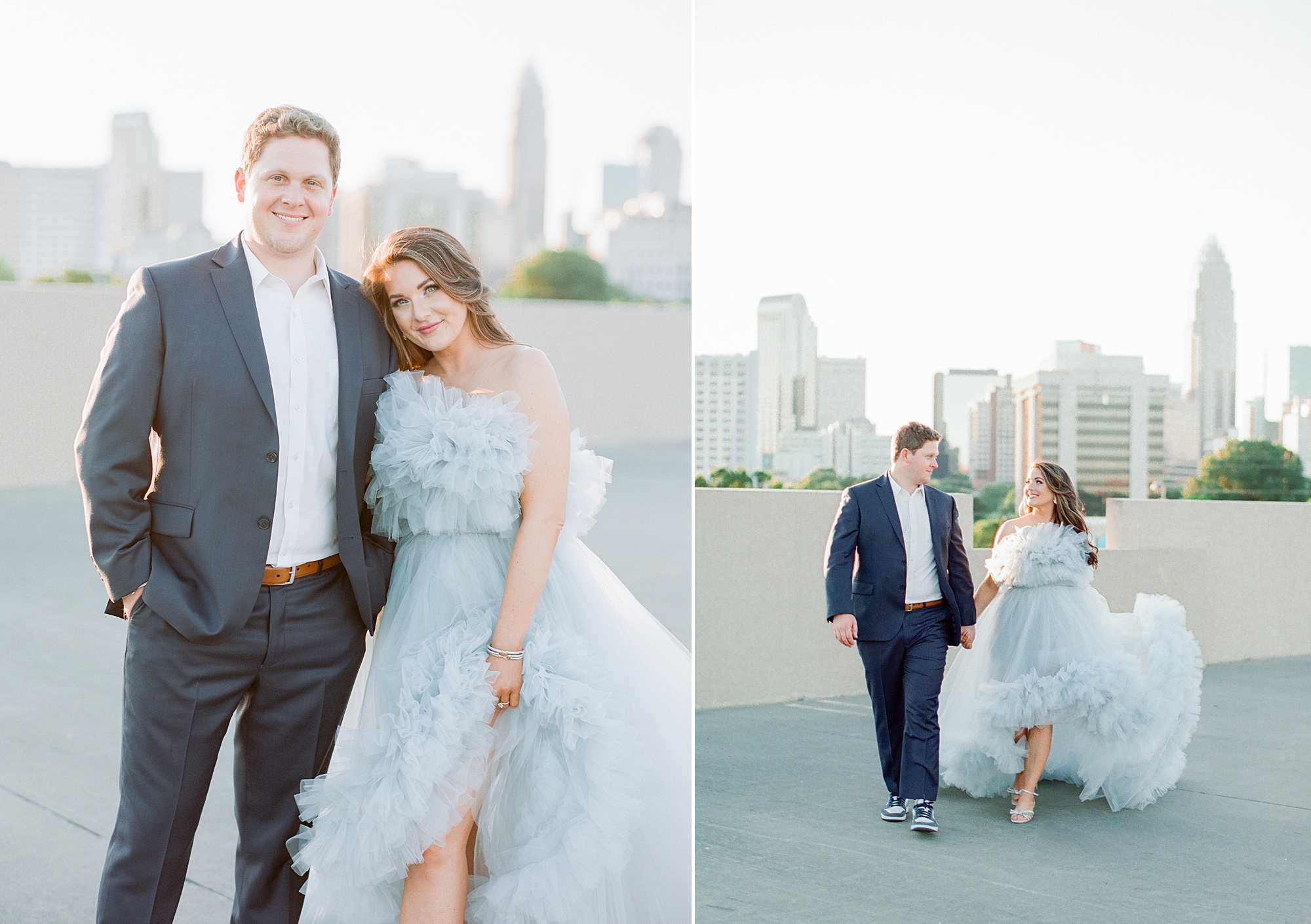 bride leans against groom's shoulder in front of Charlotte skyline during Charlotte engagement session