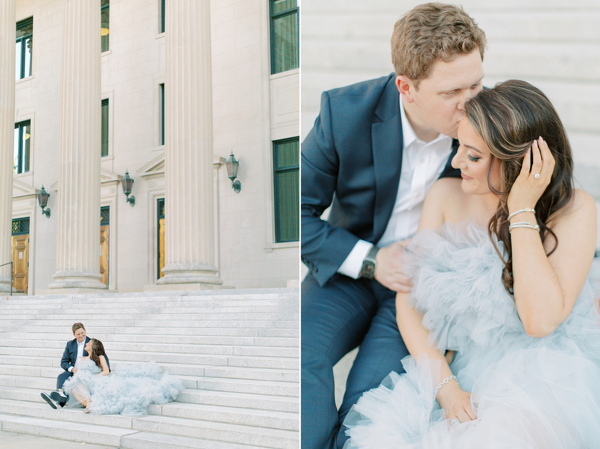 couple sits on steps of Charlotte NC courthouse in glam attire