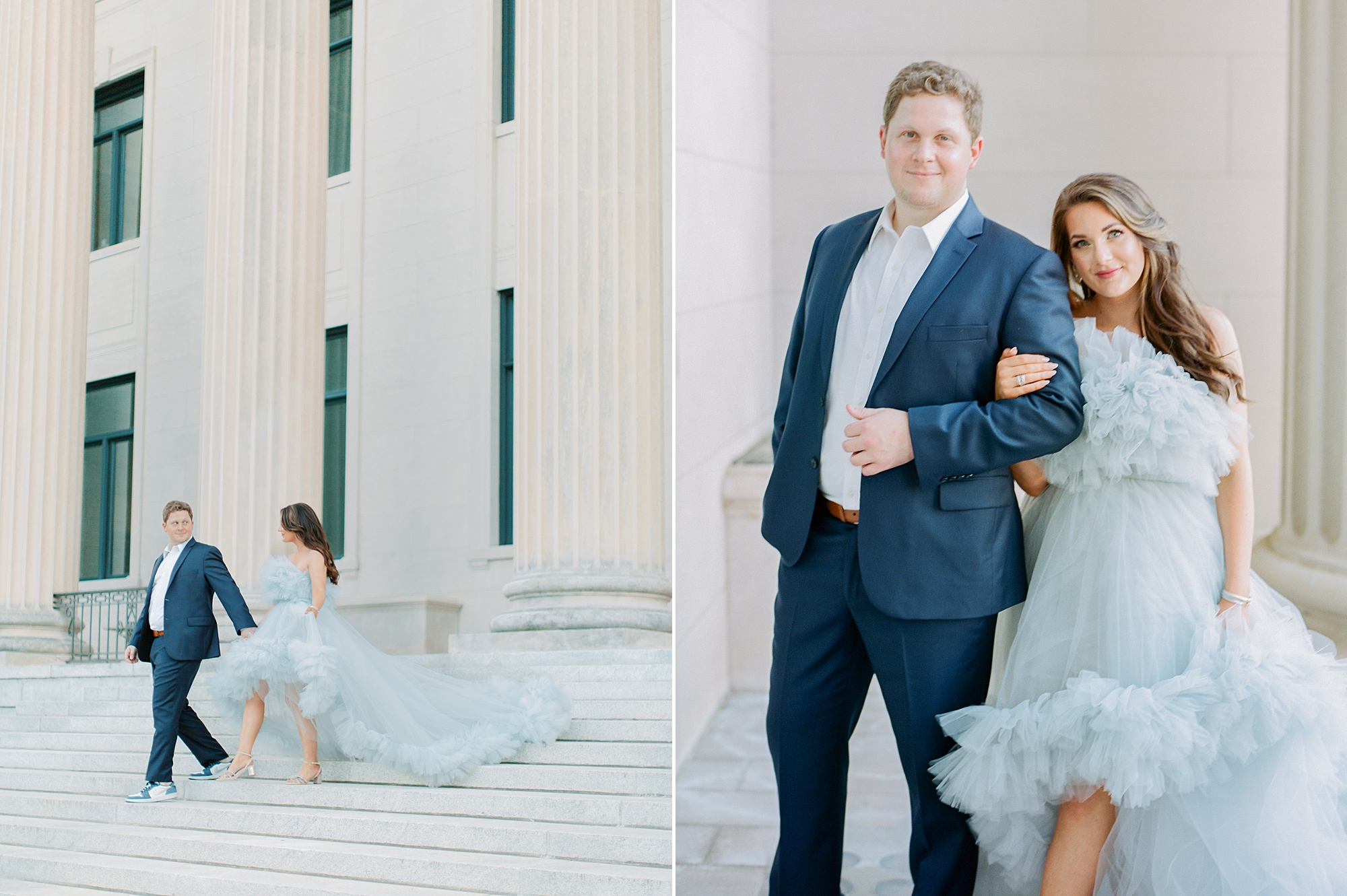 woman in light blue gown leans against man's shoulder during modern glam Charlotte engagement session
