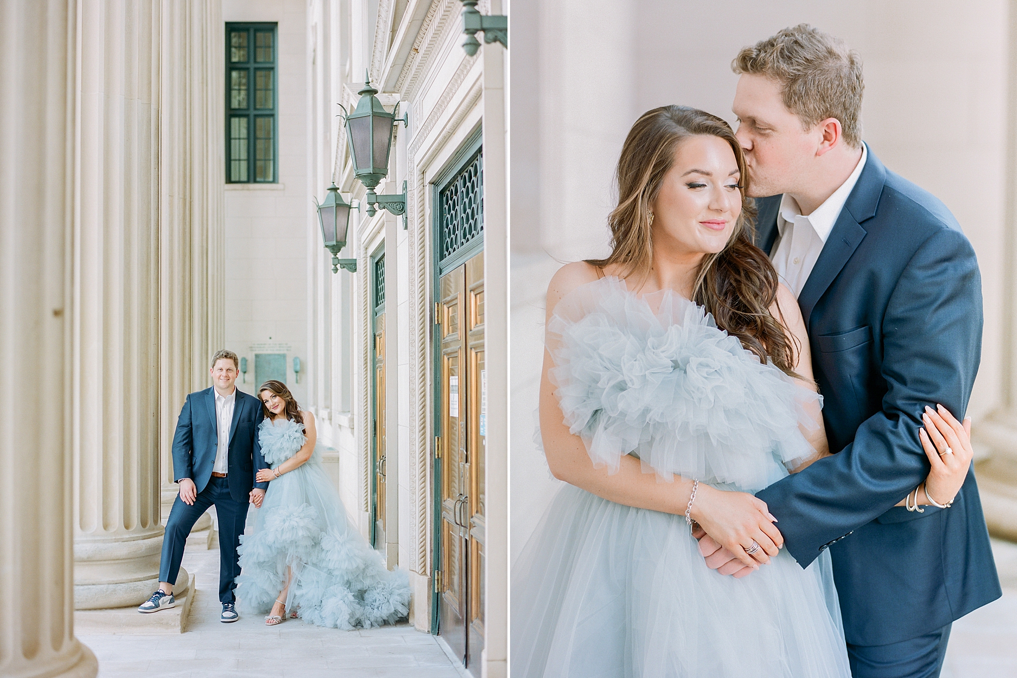 bride walks in blue dress during glam Charlotte engagement session at courthouse