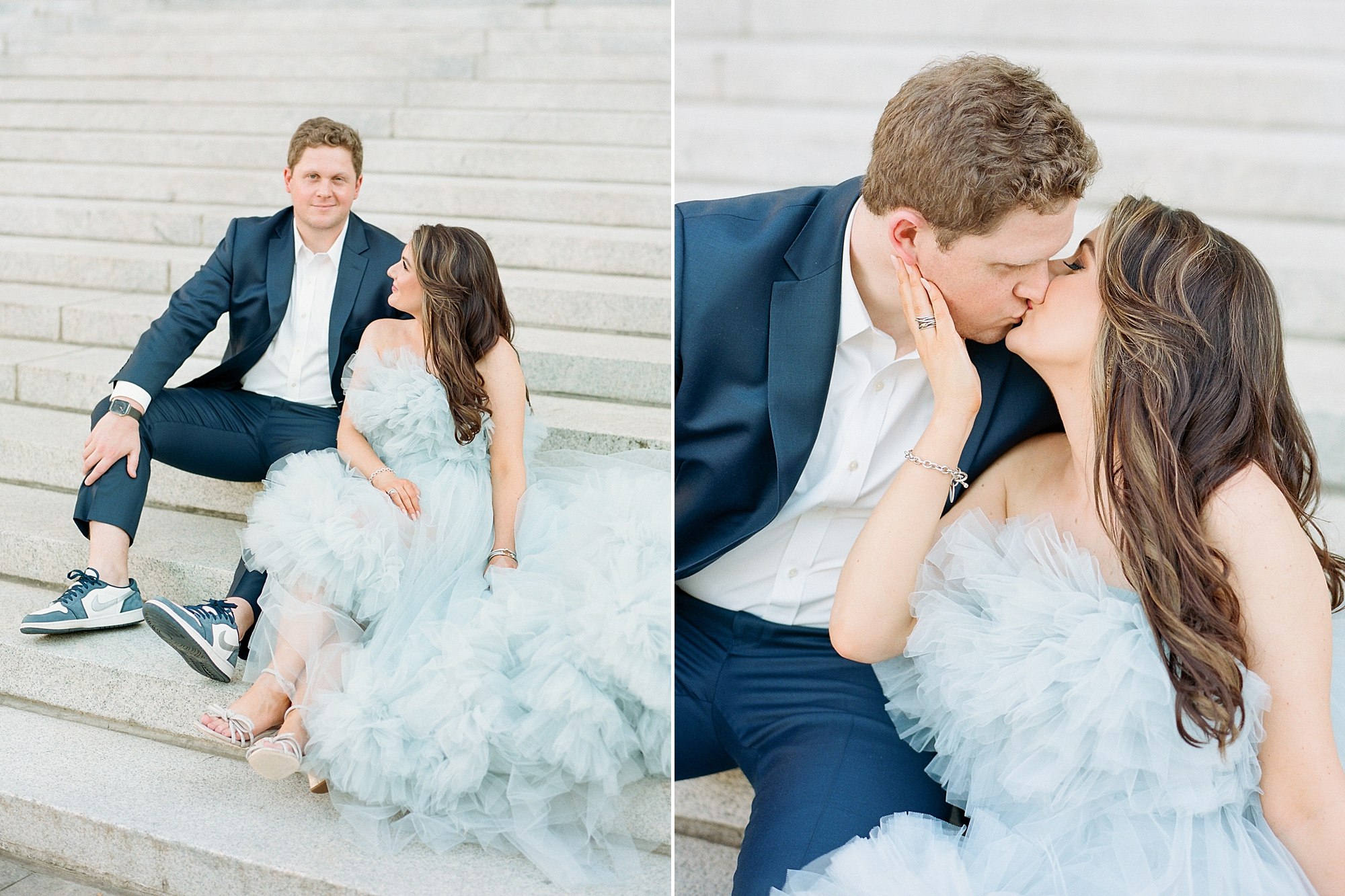 engaged couple sits on steps of Charlotte courthouse during glam Charlotte engagement session