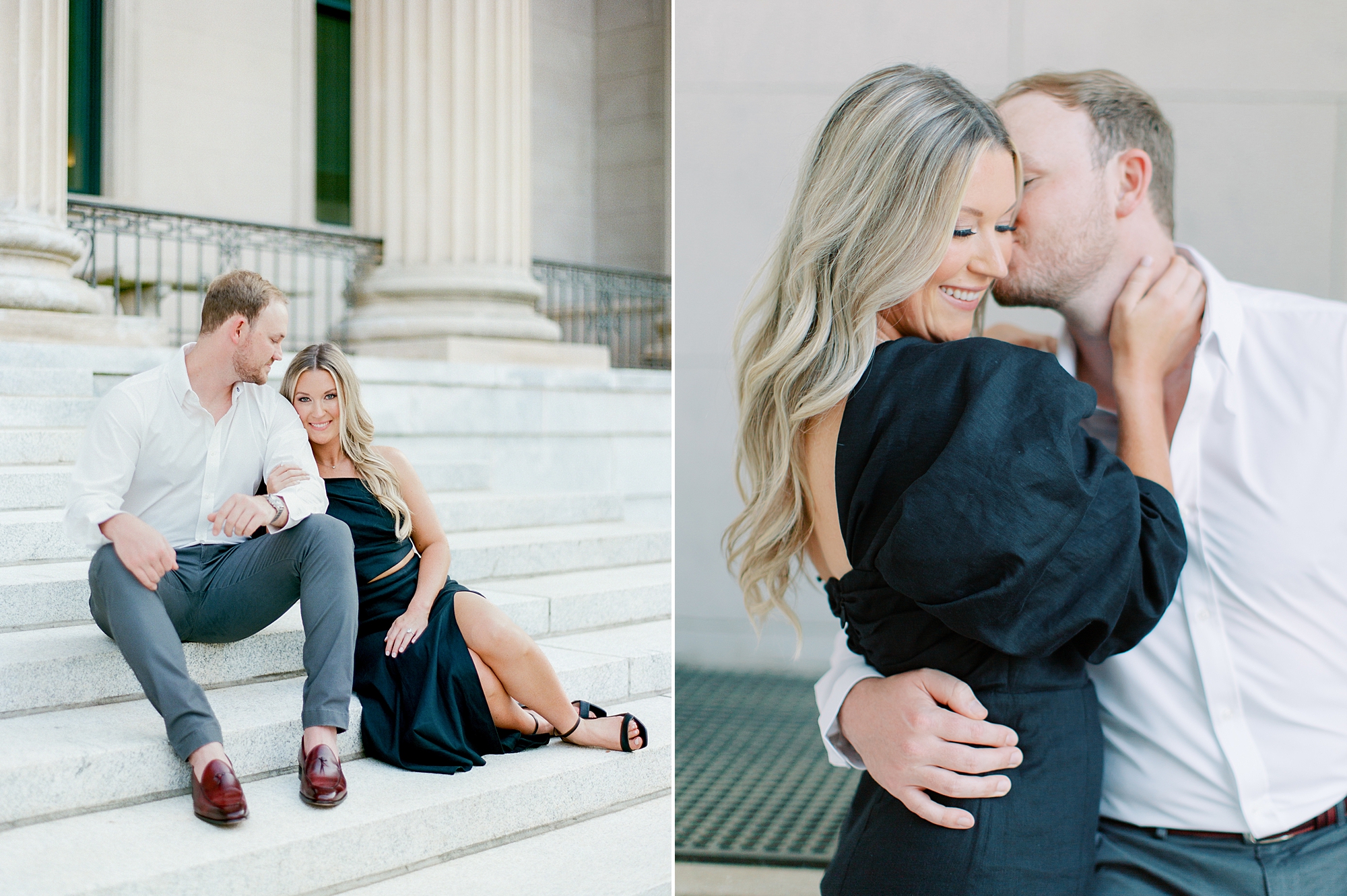 couple sits on white steps and kisses during Uptown Charlotte engagement session