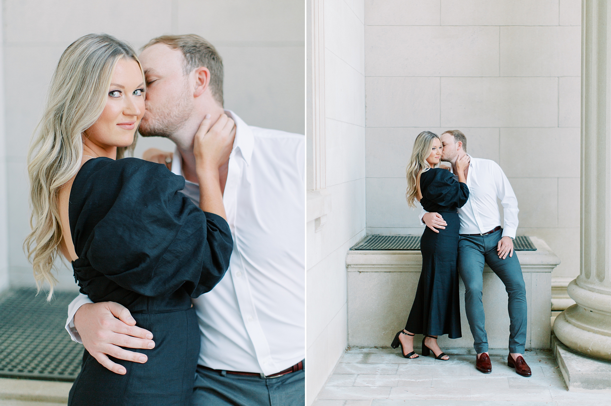 man kisses woman's cheek during Uptown Charlotte engagement session