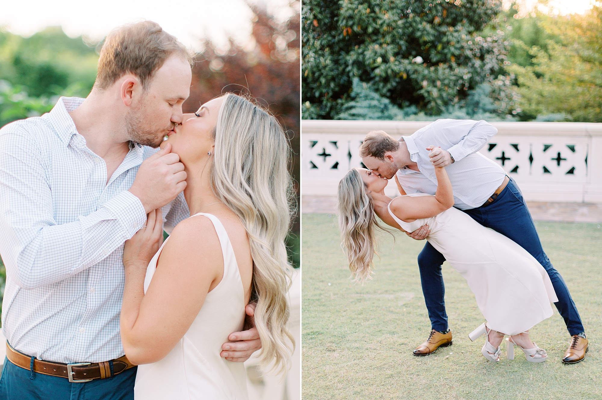 man dips bride in local park during Charlotte engagement photos