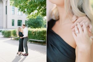 couple kisses under trees during Uptown Charlotte engagement session