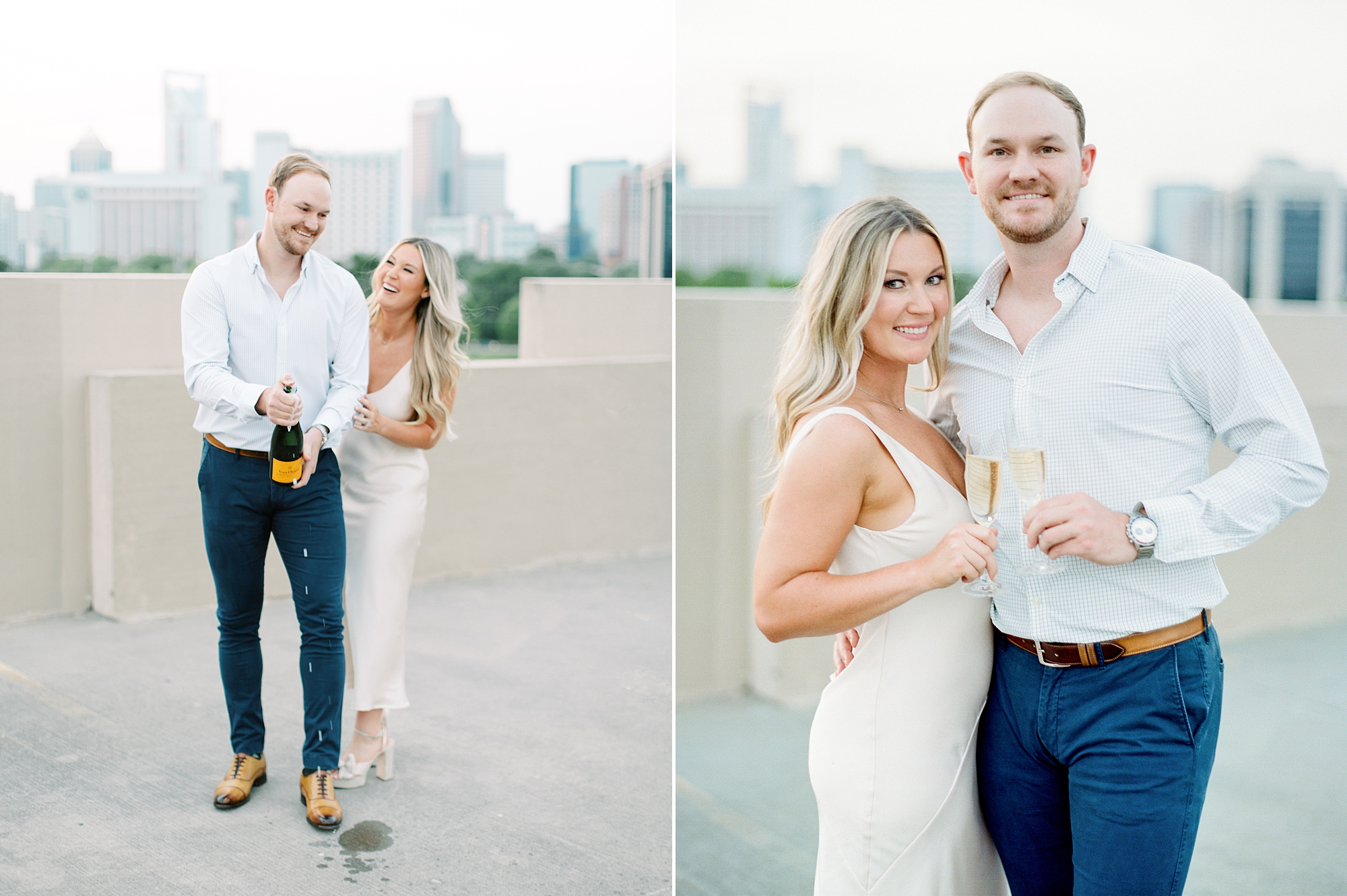 couple laughs holding champagne during Uptown Charlotte engagement session