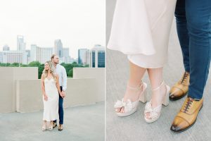 stylish couple show off shoes during Uptown Charlotte engagement session