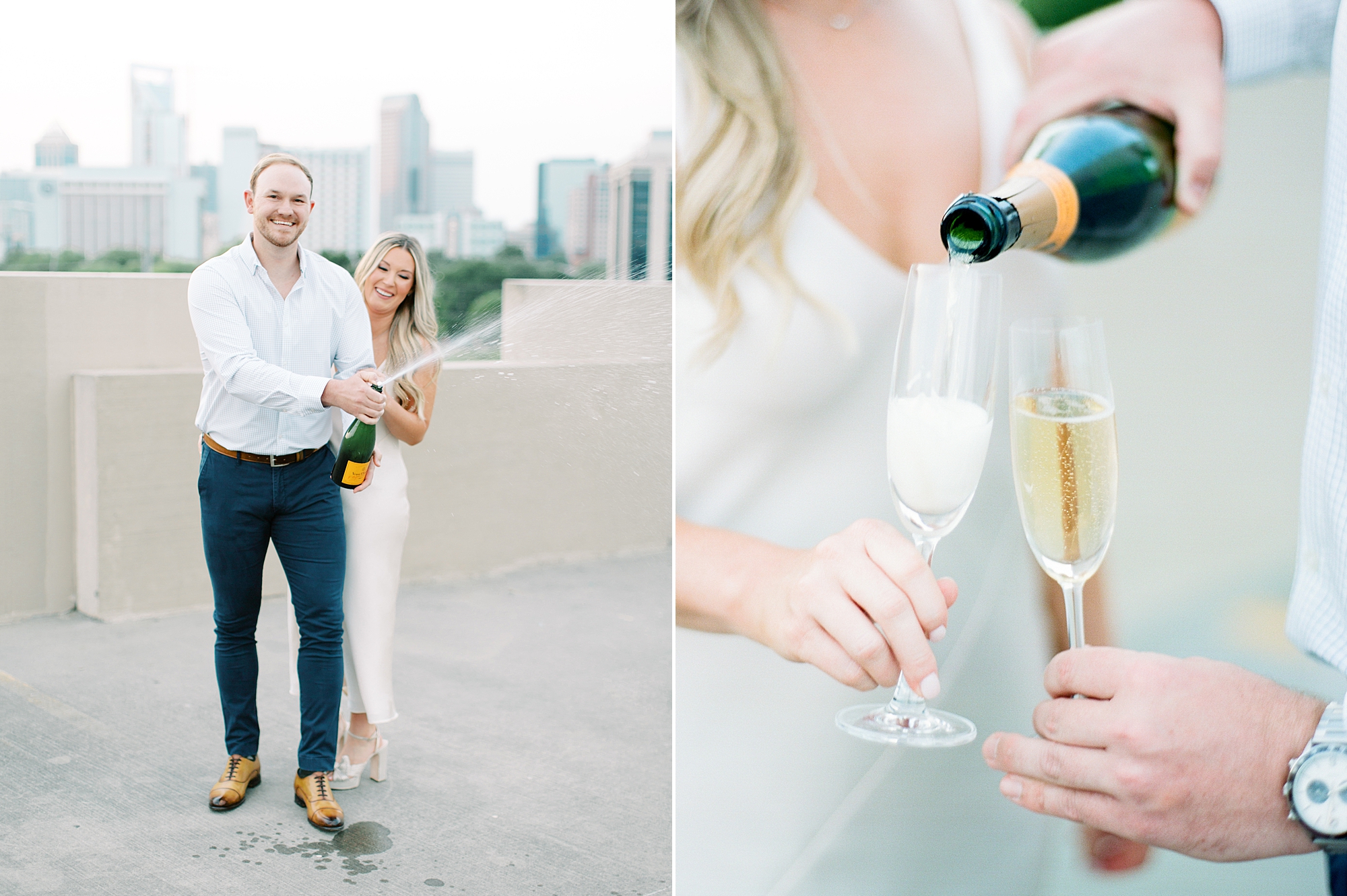 man pops champagne bottle during Uptown Charlotte engagement session