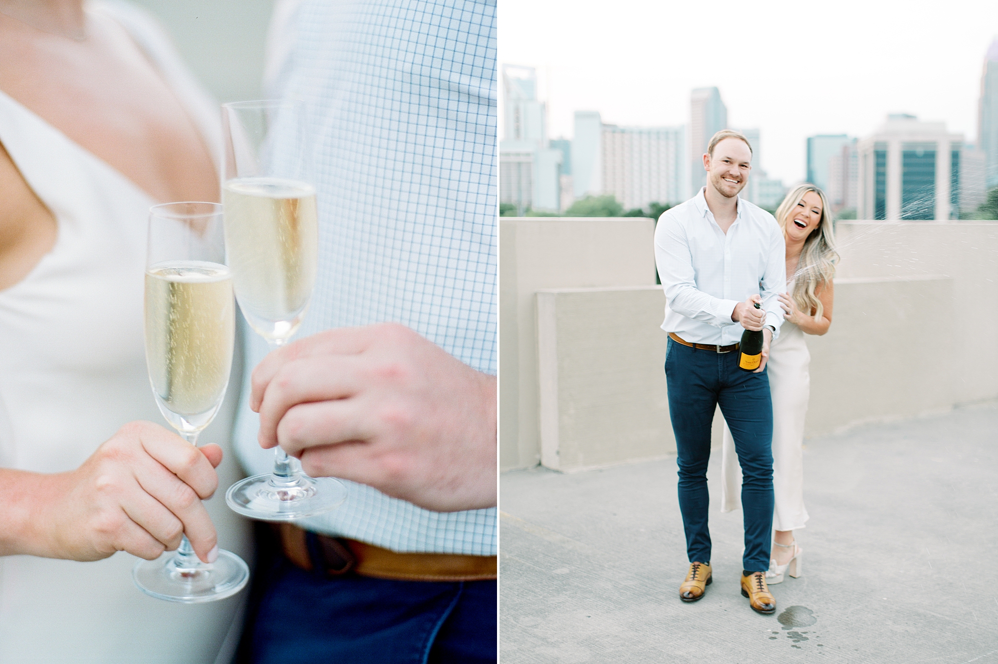 couple pours champagne during Uptown Charlotte engagement session