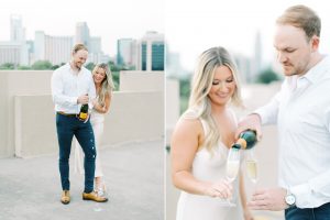 engaged couple pours champagne on rooftop during Uptown Charlotte engagement session