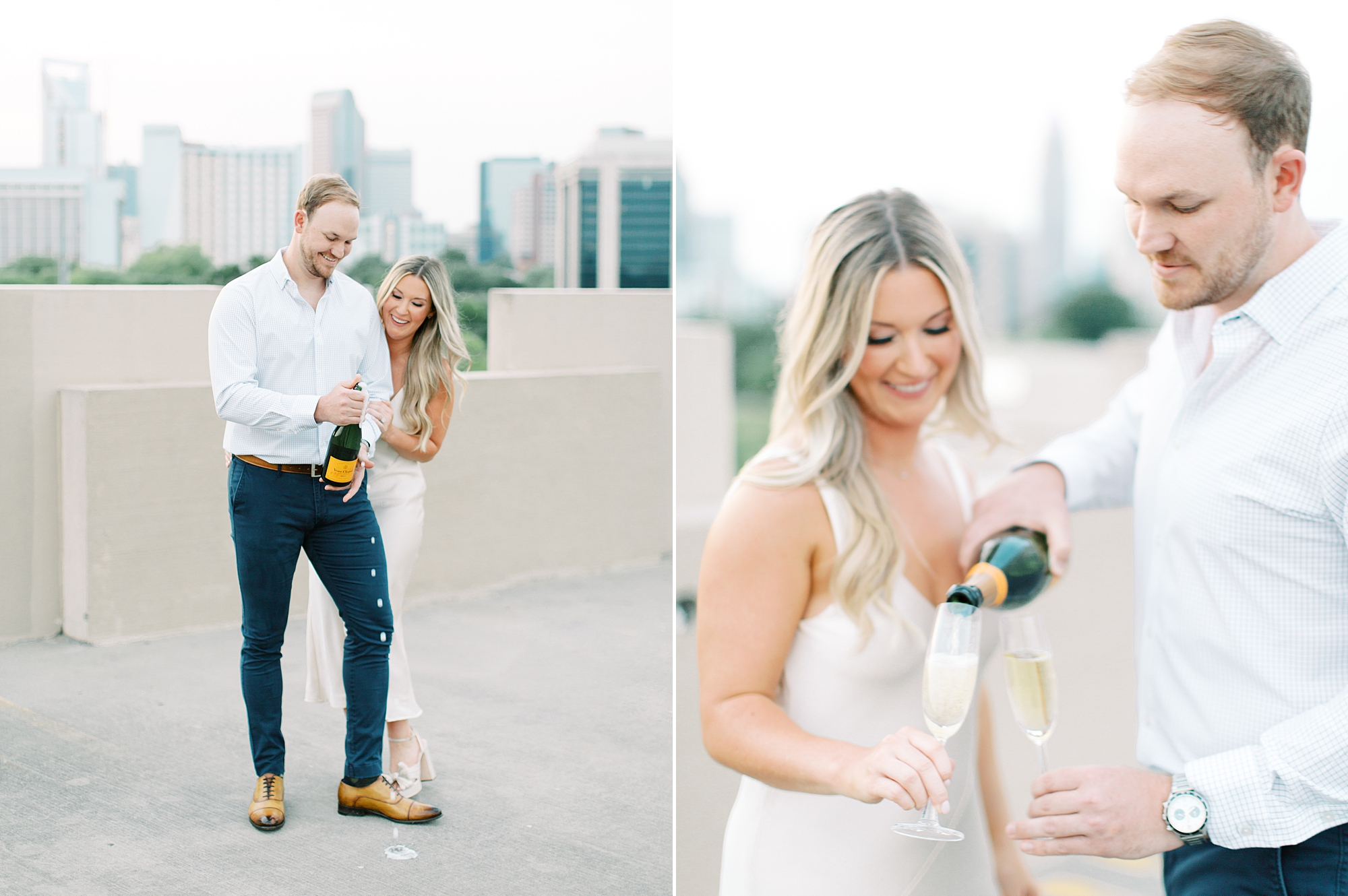 engaged couple pours champagne on rooftop during Uptown Charlotte engagement session