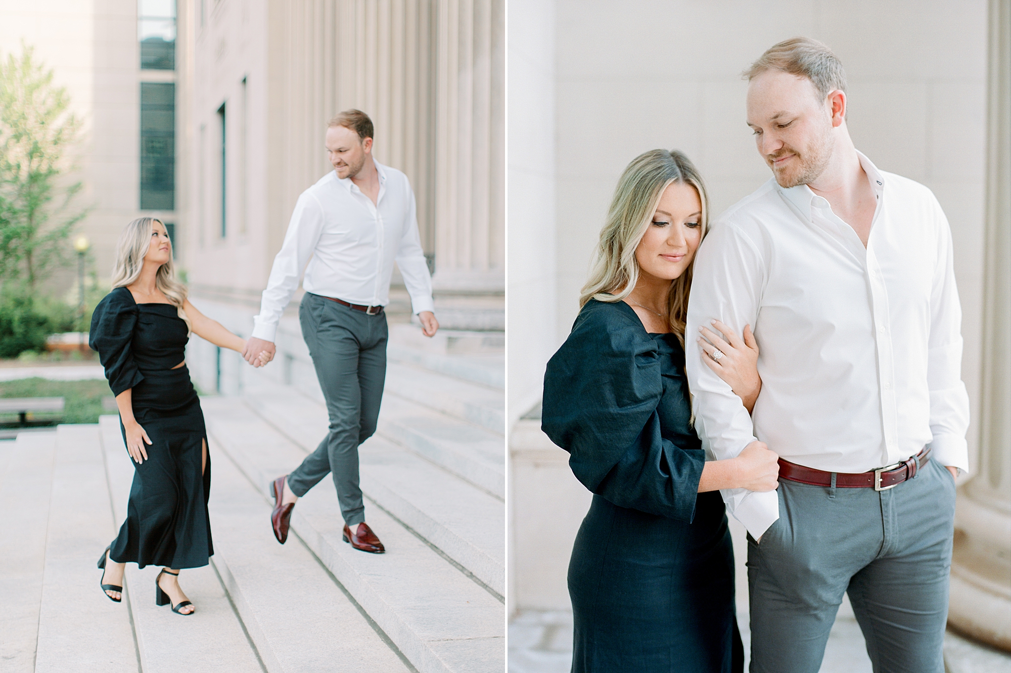 woman holds fiancee's arm during Uptown Charlotte engagement session on steps of building