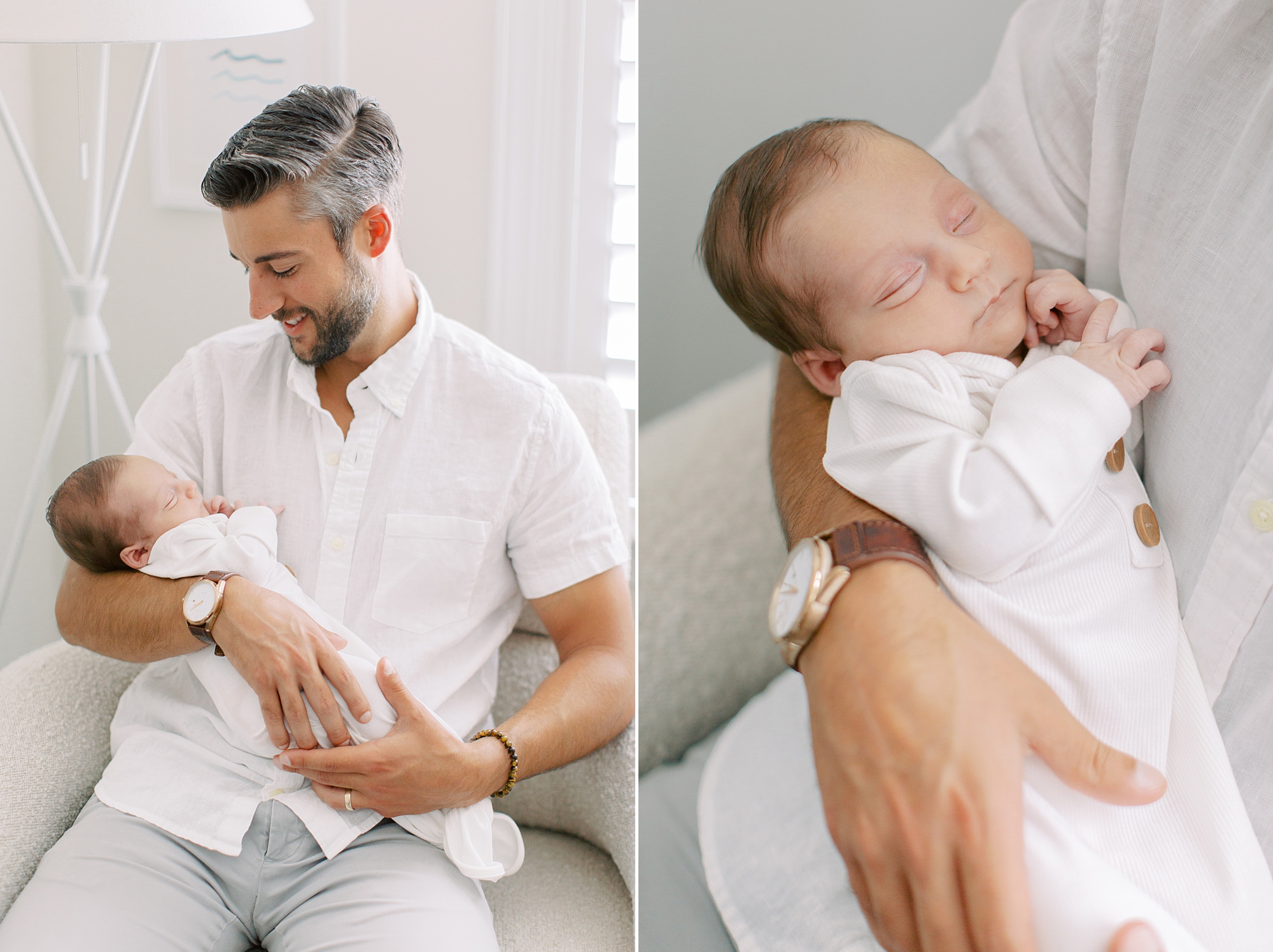 dad holds newborn son in nursery during Charlotte lifestyle newborn session