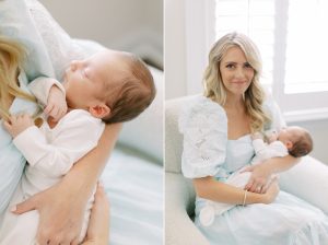 mom hugs newborn sitting on bed during Charlotte lifestyle newborn session