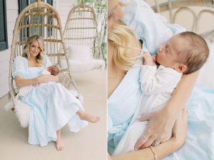 mom holds son in wicker egg chair on front porch