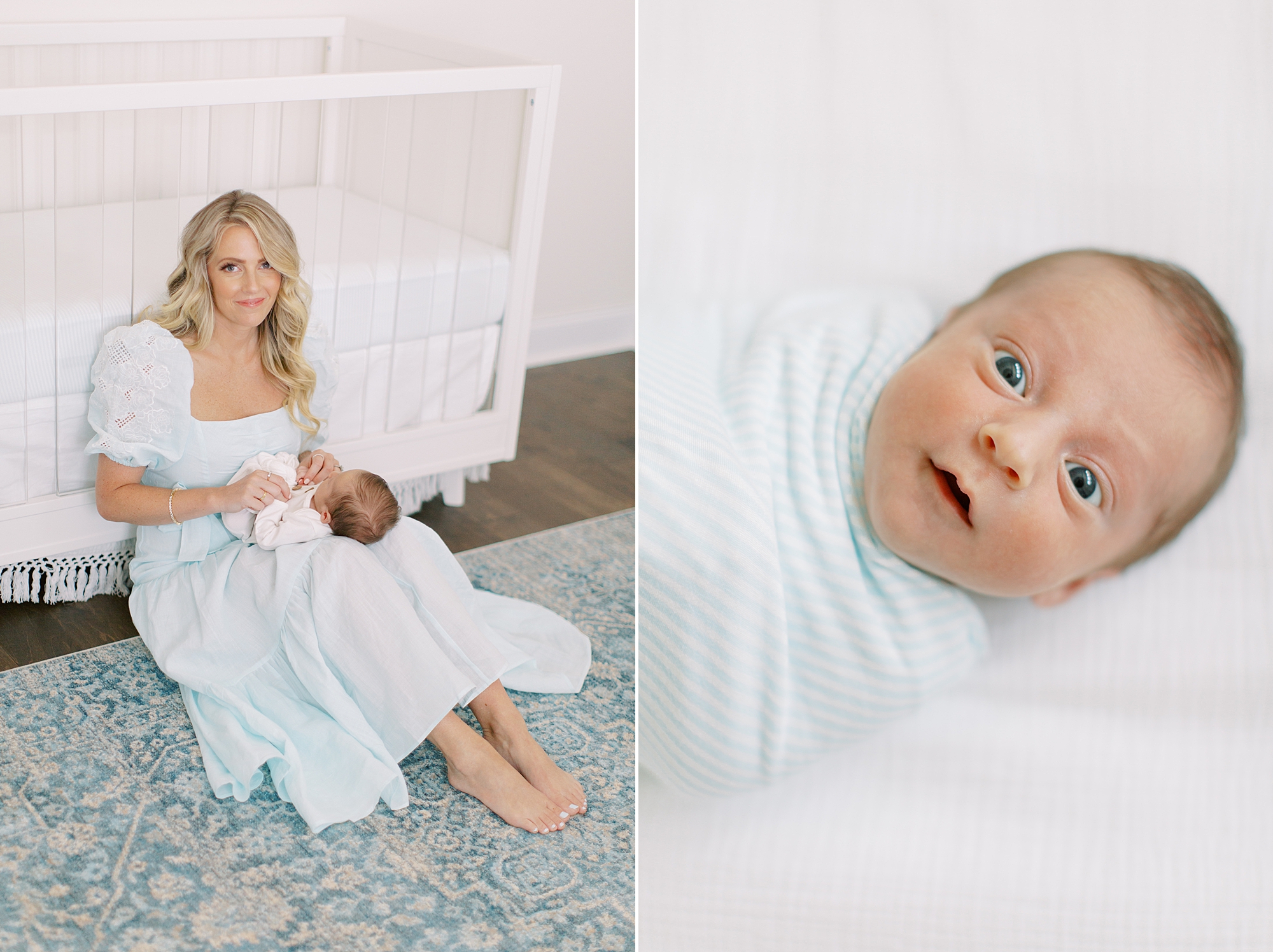 mom sits by white crib with son in blue wrap during NC lifestyle newborn photos