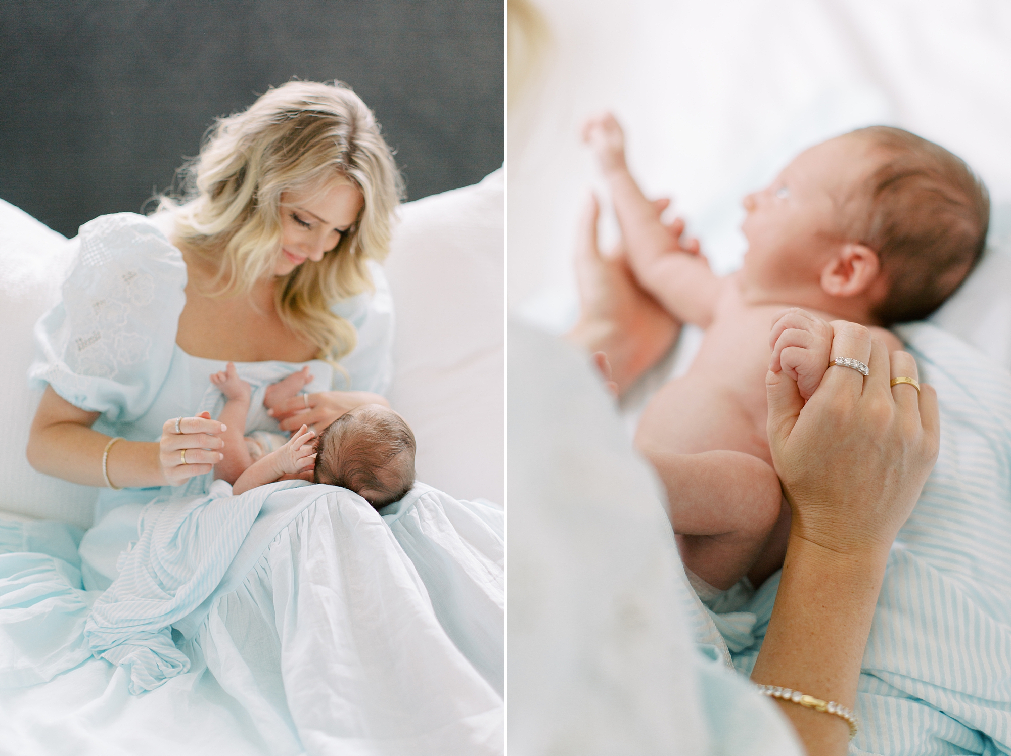 mom plays with son on bed during Charlotte lifestyle newborn session