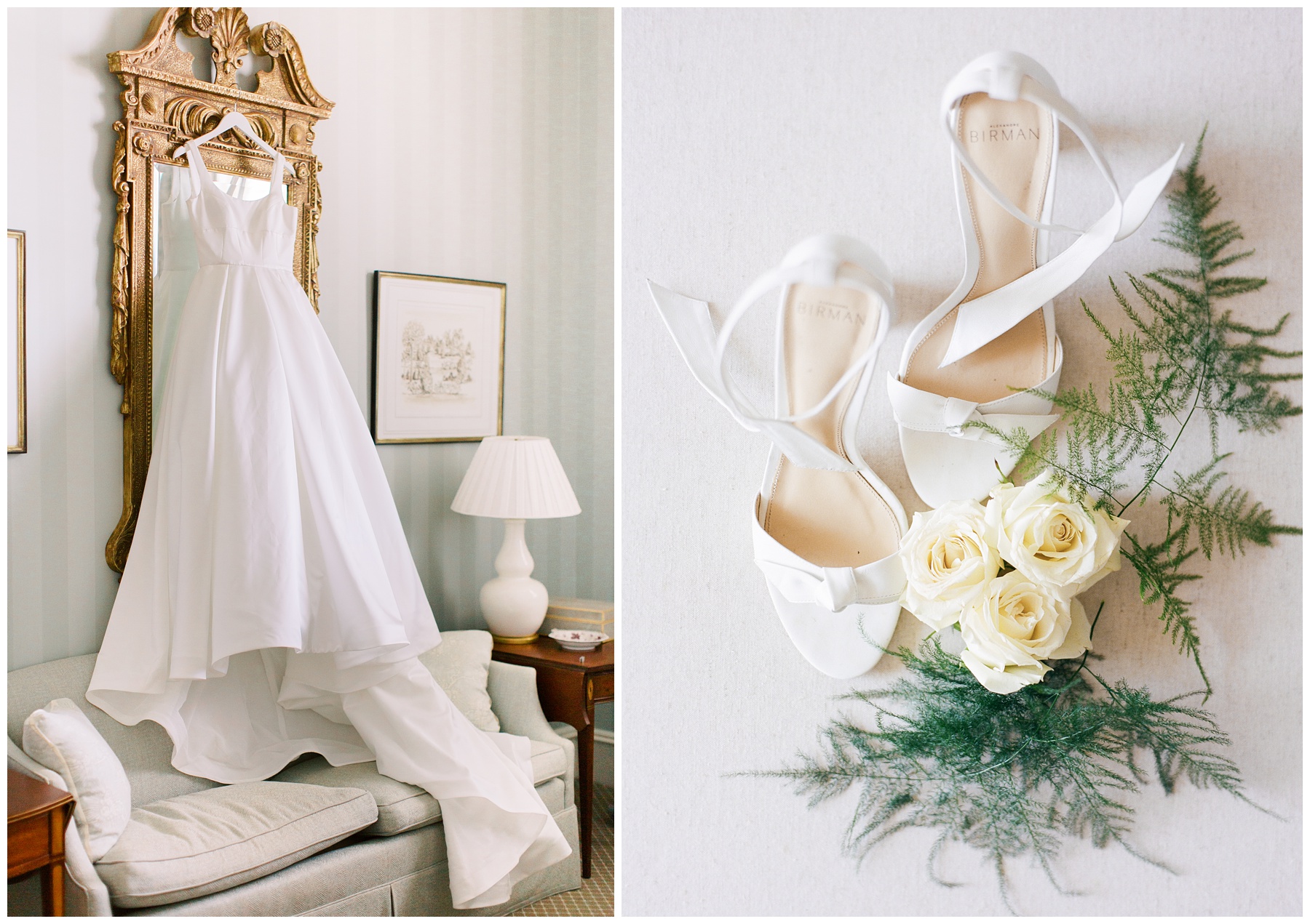 wedding dress hangs on golden mirror with white shoes and flowers 