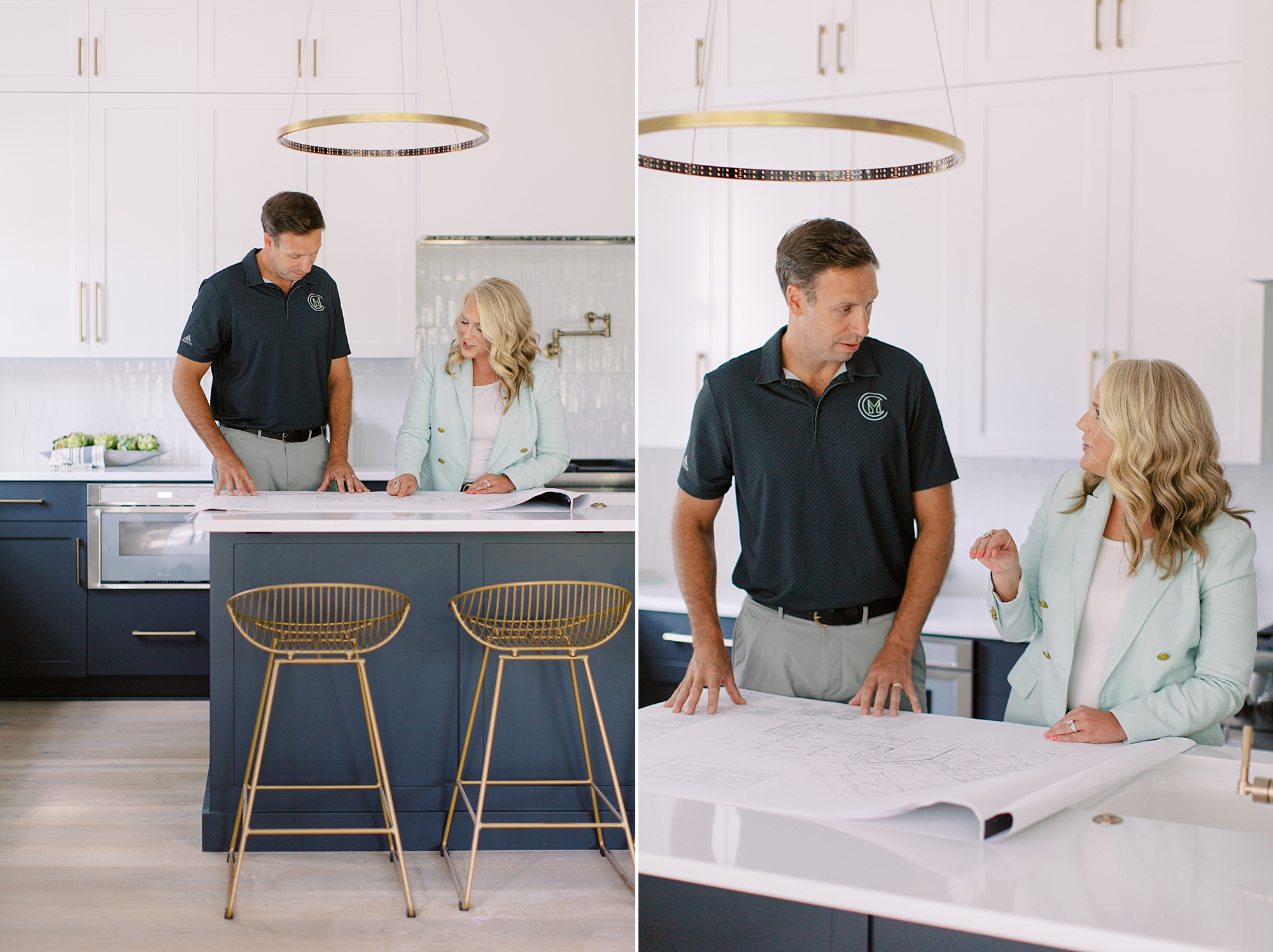 couple works on kitchen counter during Charlotte branding portraits for construction company