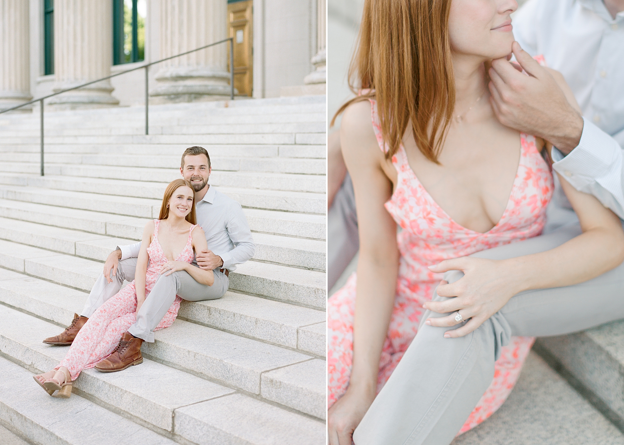 engaged couple sits on steps of courthouse in Charlotte NC