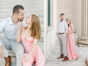 woman leans on groom's back during Uptown Charlotte engagement session