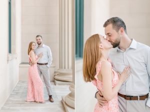 bride and groom kiss along marble pillars in Uptown Charlotte