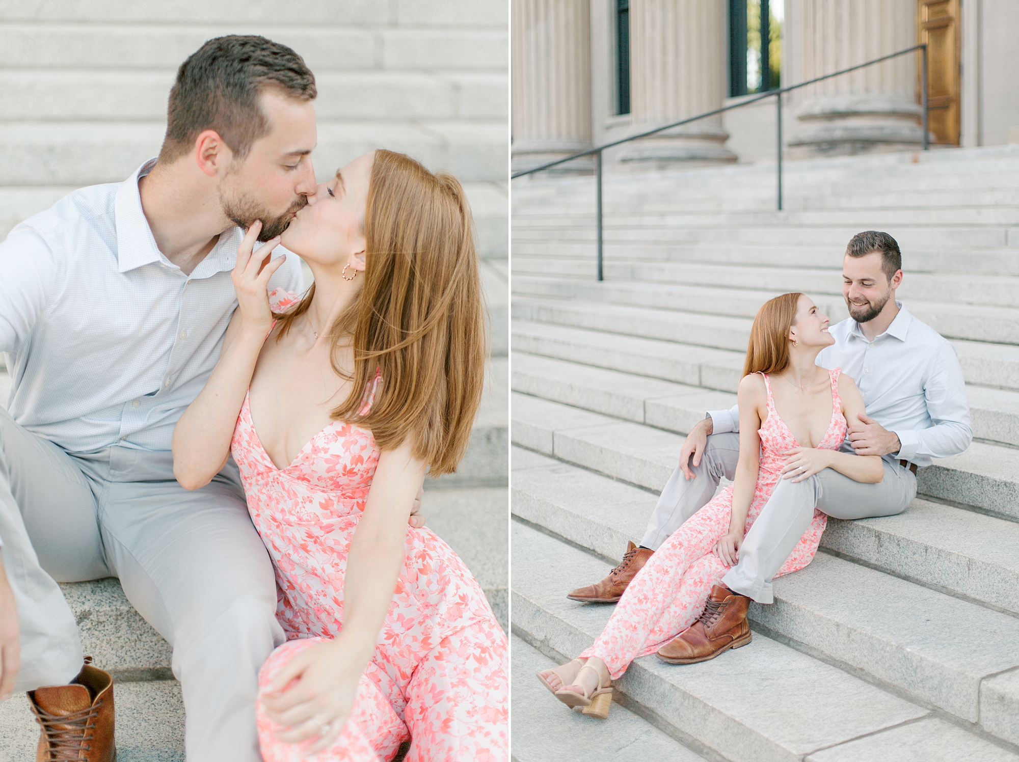 engaged couple sits on steps during chic Uptown Charlotte engagement session kissing