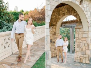engaged couple walks in Uptown Charlotte park