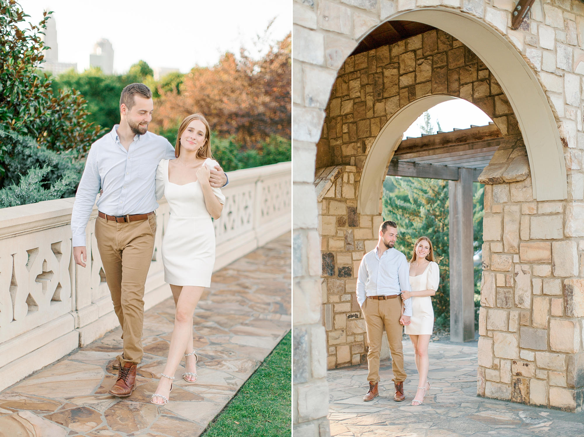 engaged couple walks in Uptown Charlotte park