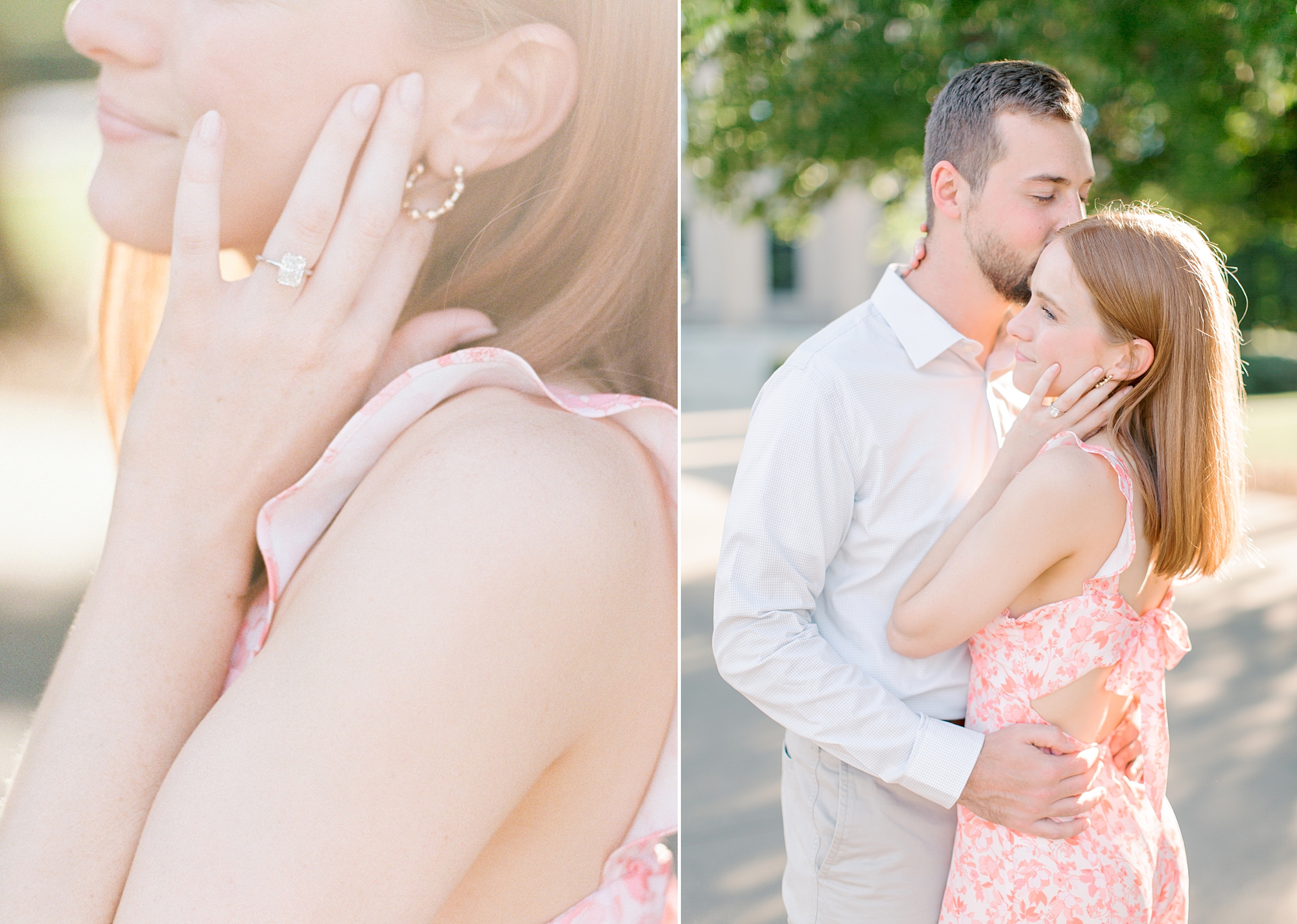 bride shows off earring during chic engagement session in Charlotte NC