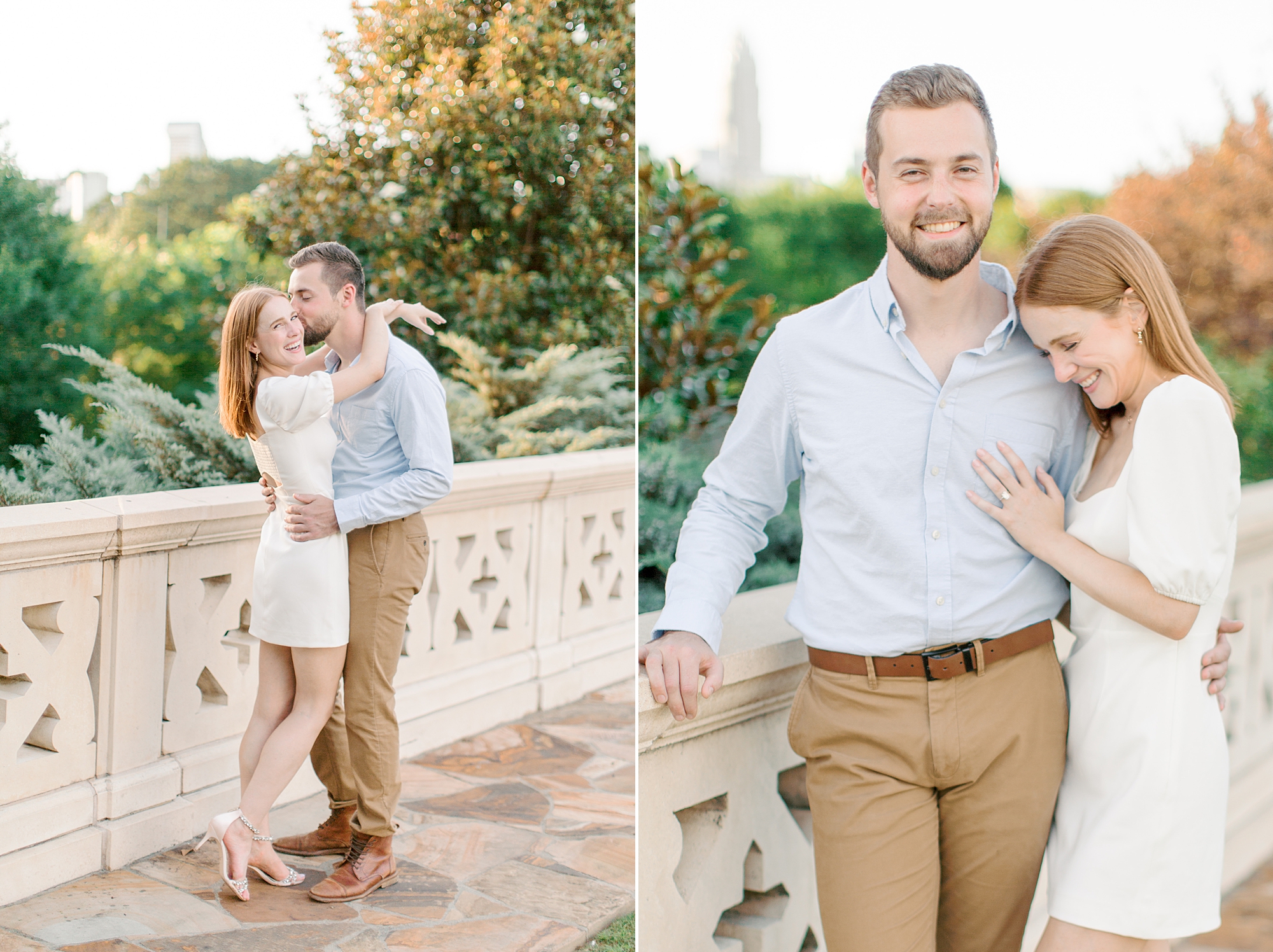 woman leans on groom's shoulder laughing during Uptown Charlotte engagement session