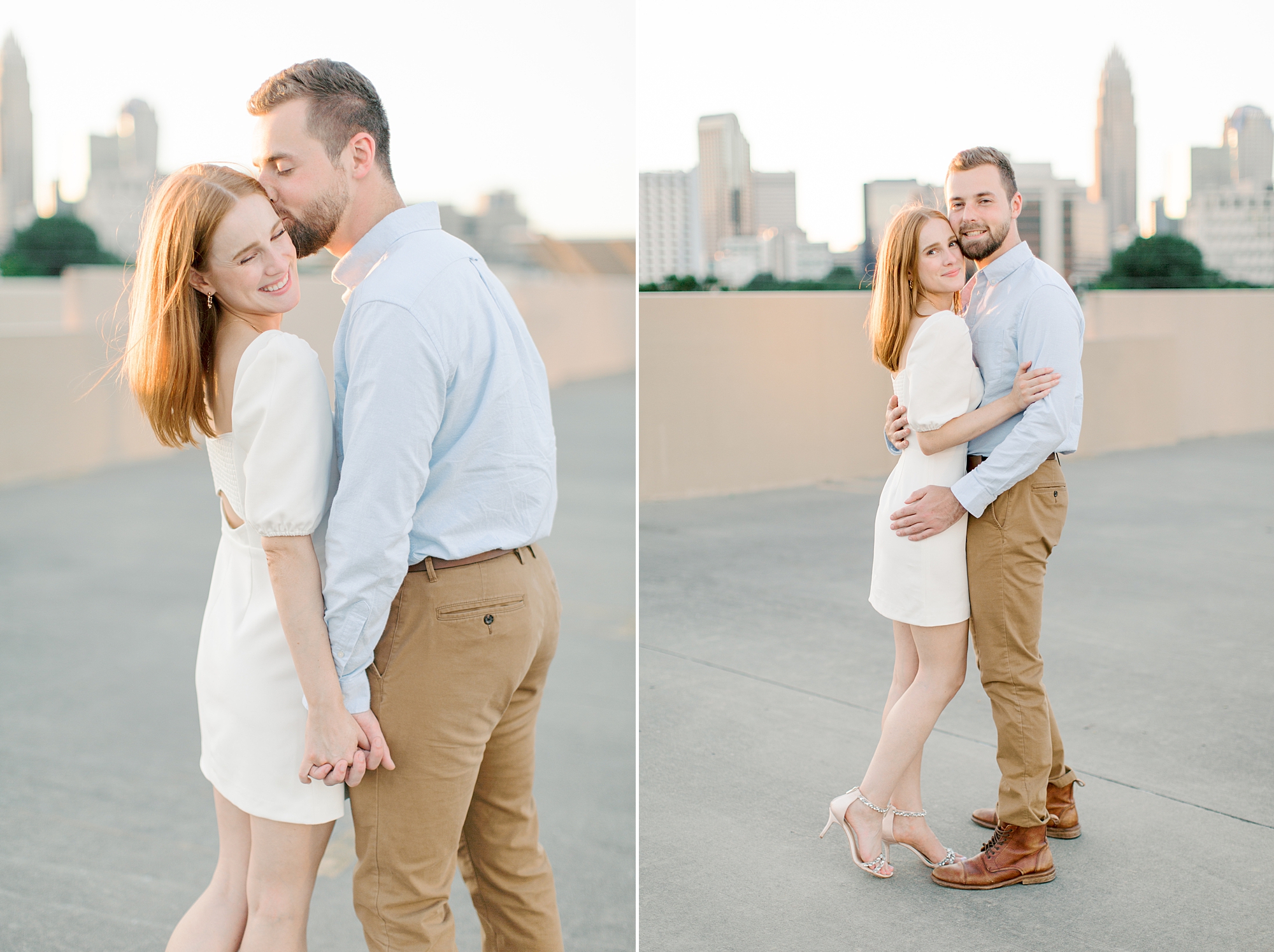 groom kisses bride's cheek holding hands on parking deck with Uptown Charlotte behind them