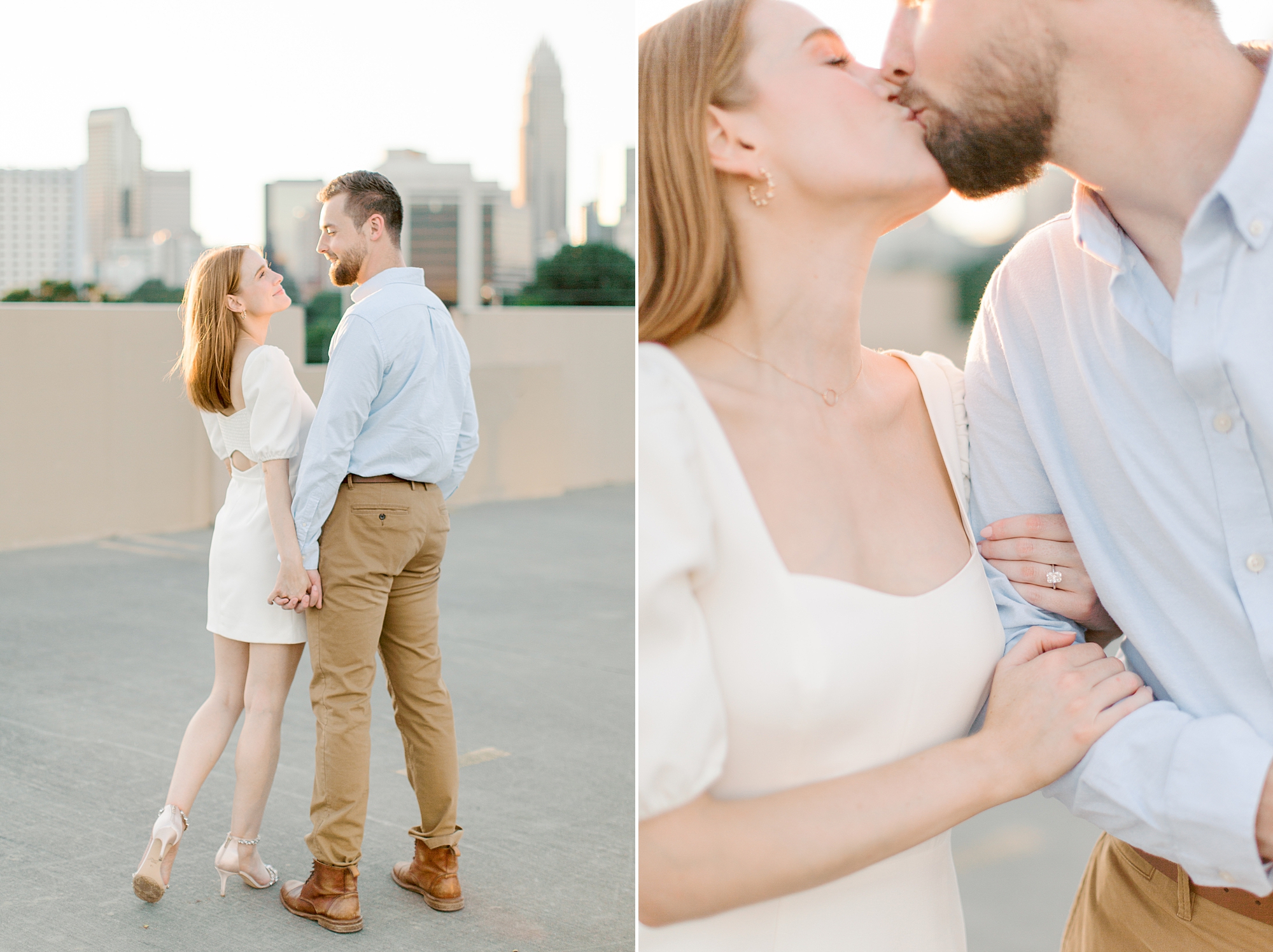 engaged couple kisses on parking deck roof at sunset with Uptown Charlotte skyline behind them