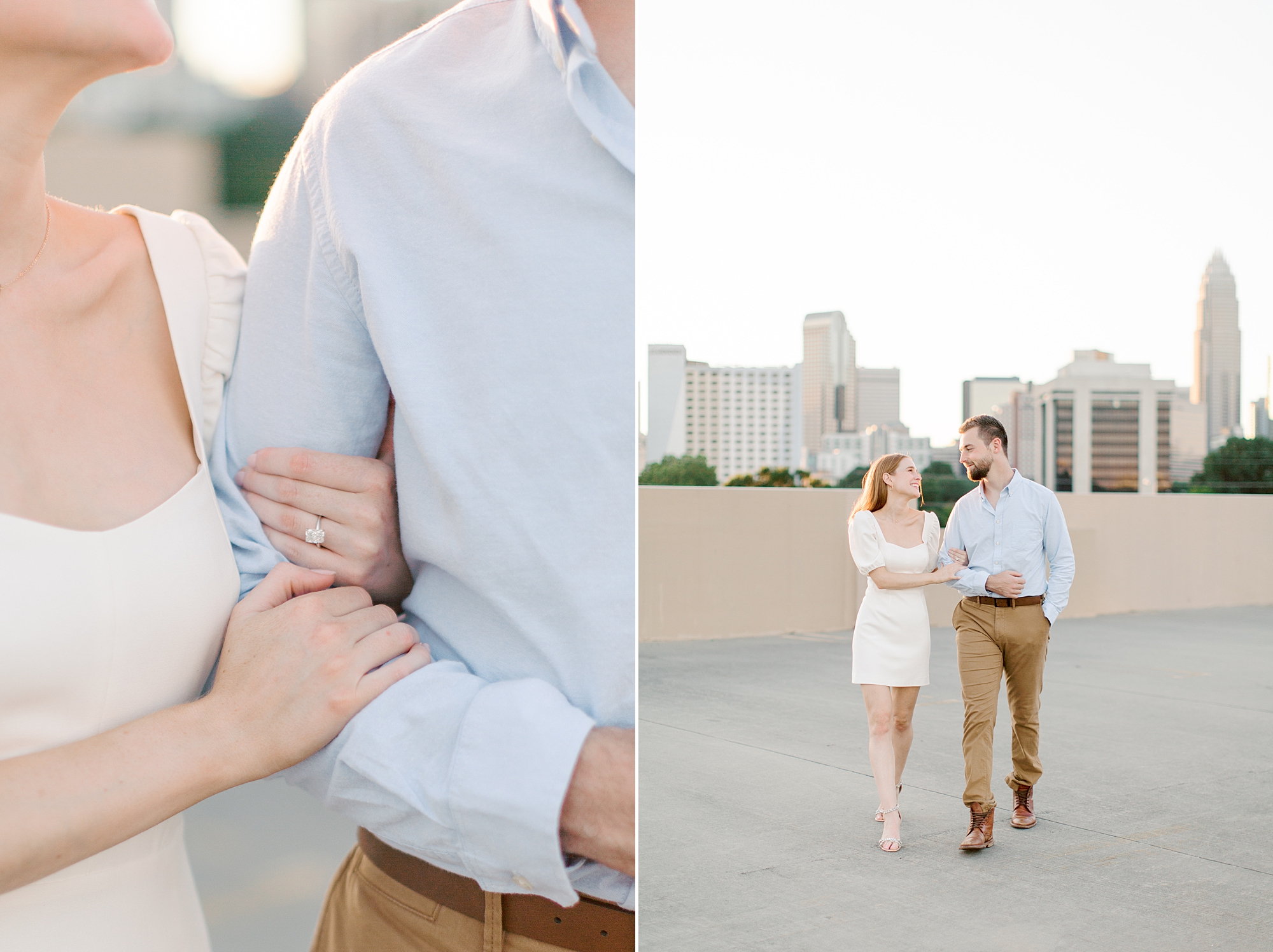 bride holds onto groom's arm as they walk on rooftop in Uptown Charlotte