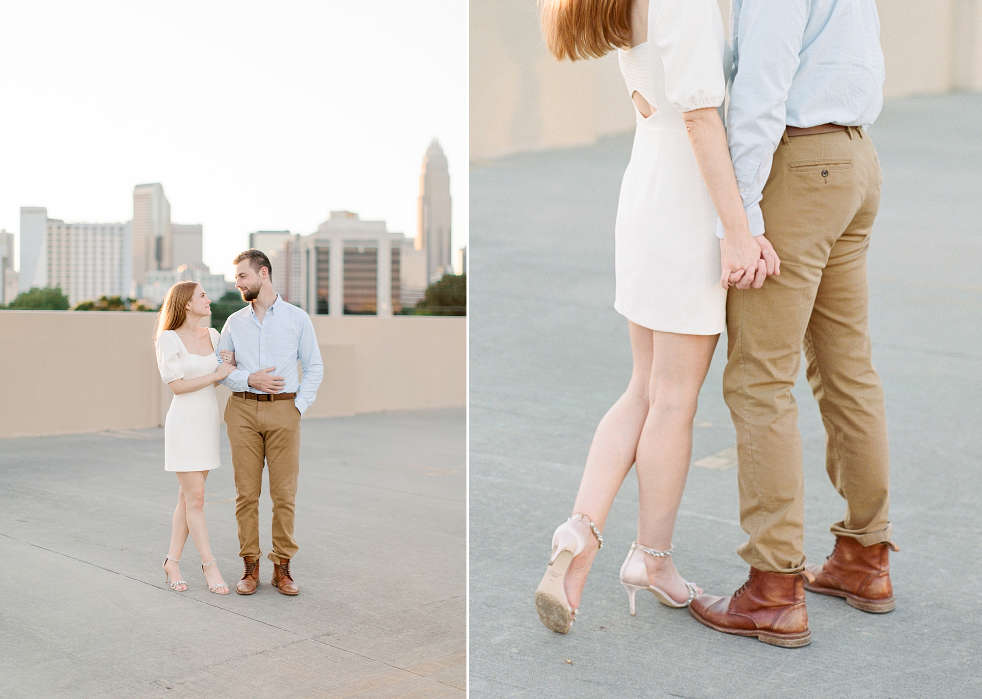 engaged couple holds hands on parking deck roof in Uptown Charlotte
