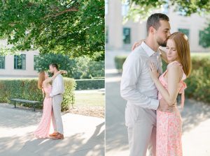 groom kisses bride's forehead during Uptown Charlotte engagement session