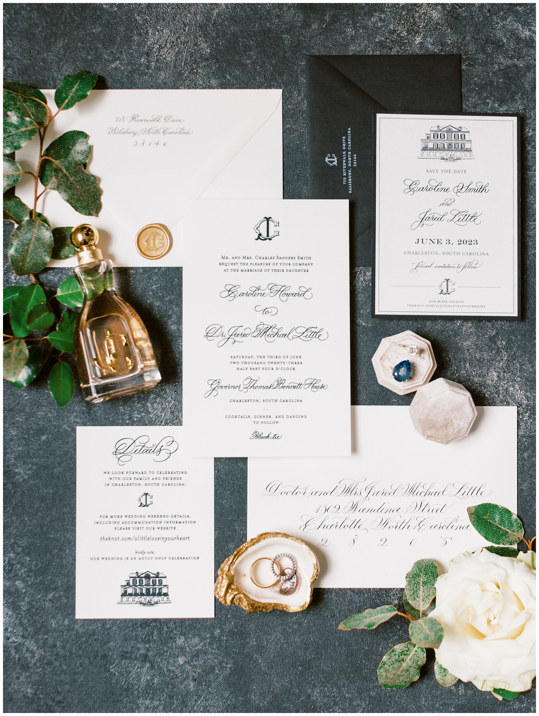 classic black and white invitation suite for Charleston wedding at the Governor Thomas Bennett House