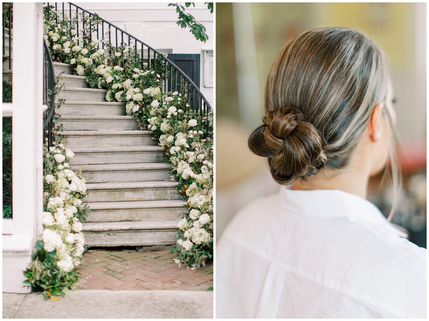 staircase lined in ivory flowers at the Governor Thomas Bennett House and bride's classic updo for Charleston wedding day 
