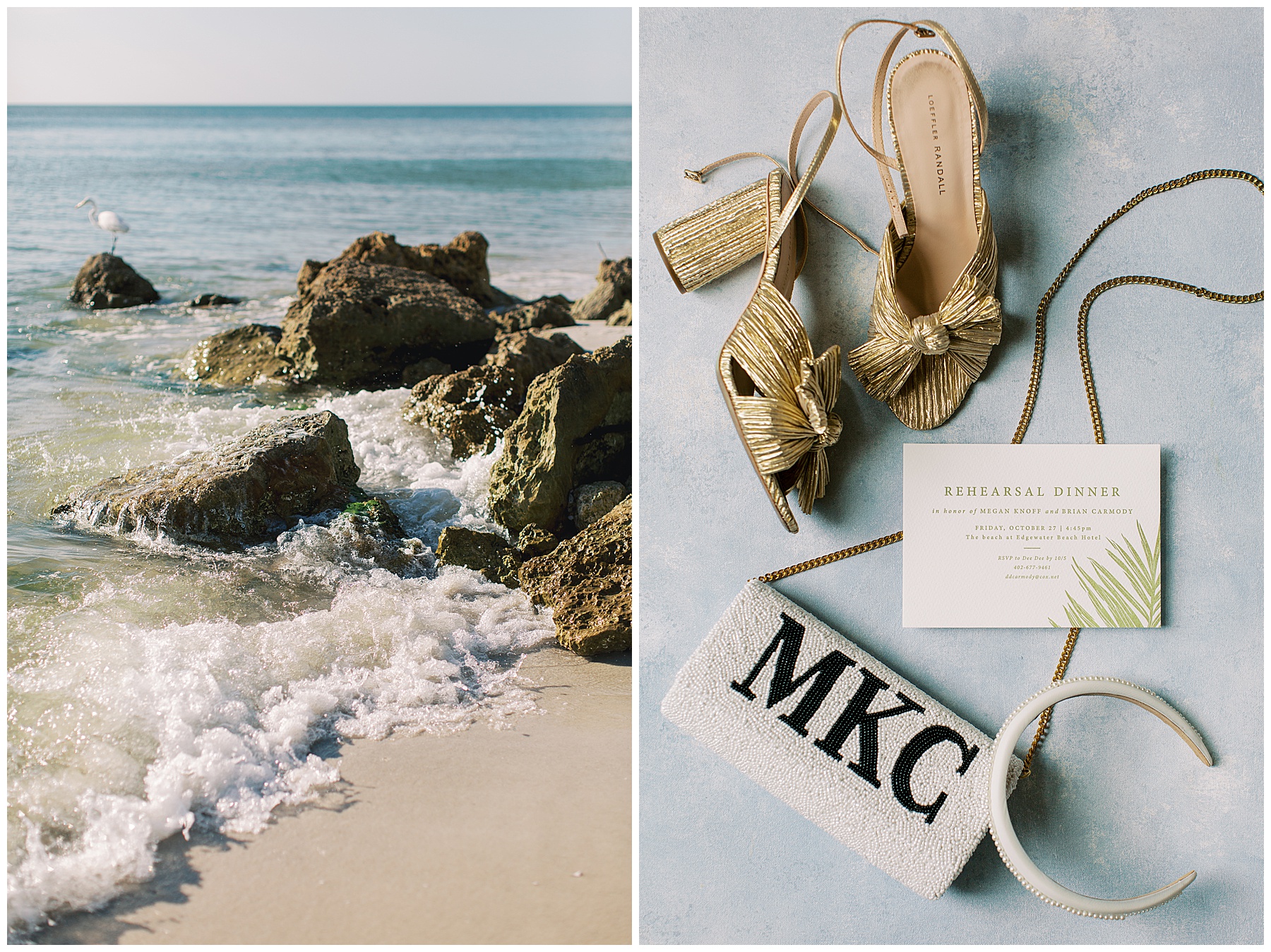 waves crash on beach n Naples FL and bride's gold sandals and white headband for rehearsal dinner 